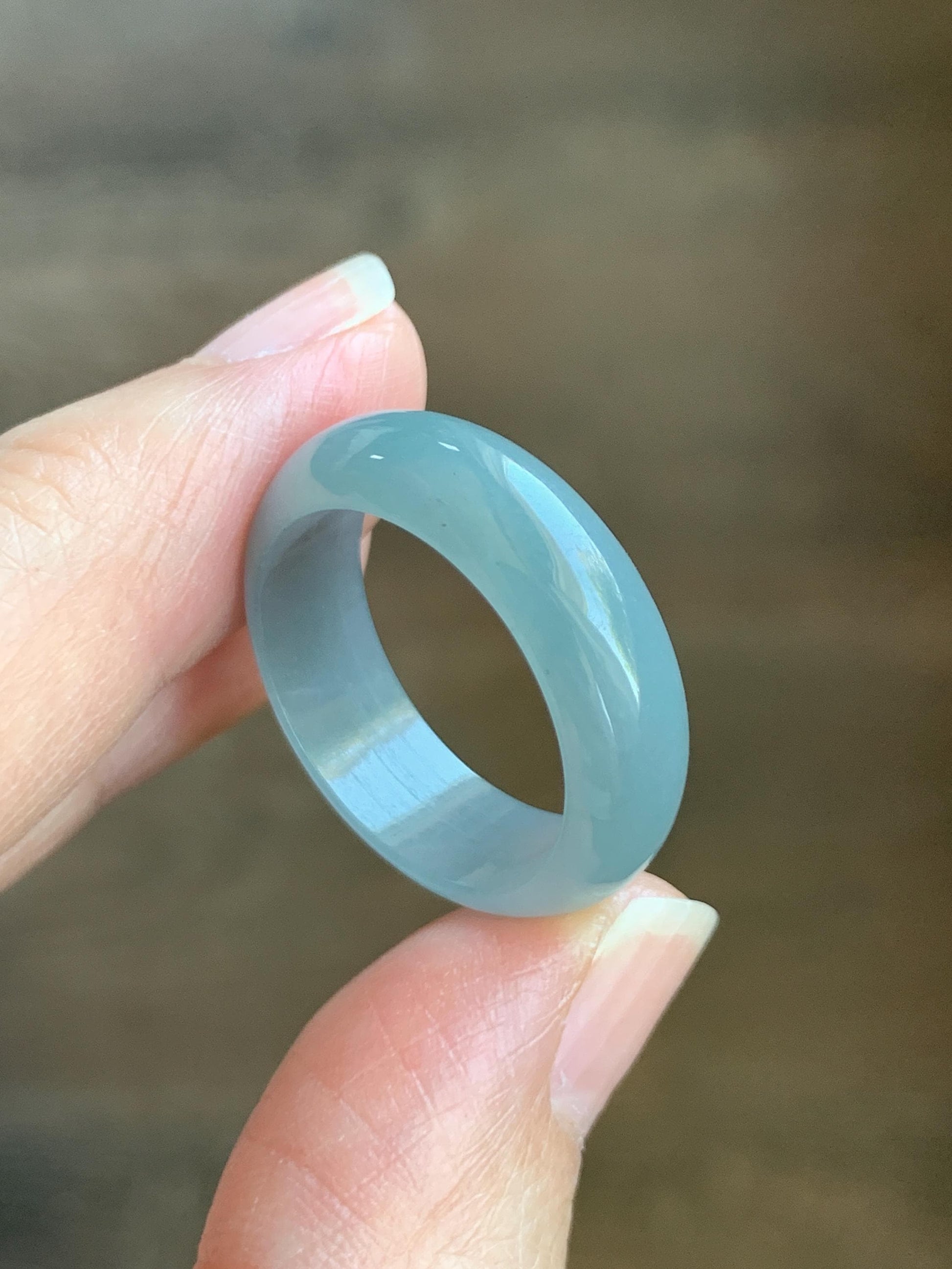 Natural Grade A Guatemalan Icy Translucent Light Dusty Blue Jade Jadeite Wide Band Ring Size 10.25 US 5g 天然冰危蓝翡翠戒圈 HLK55