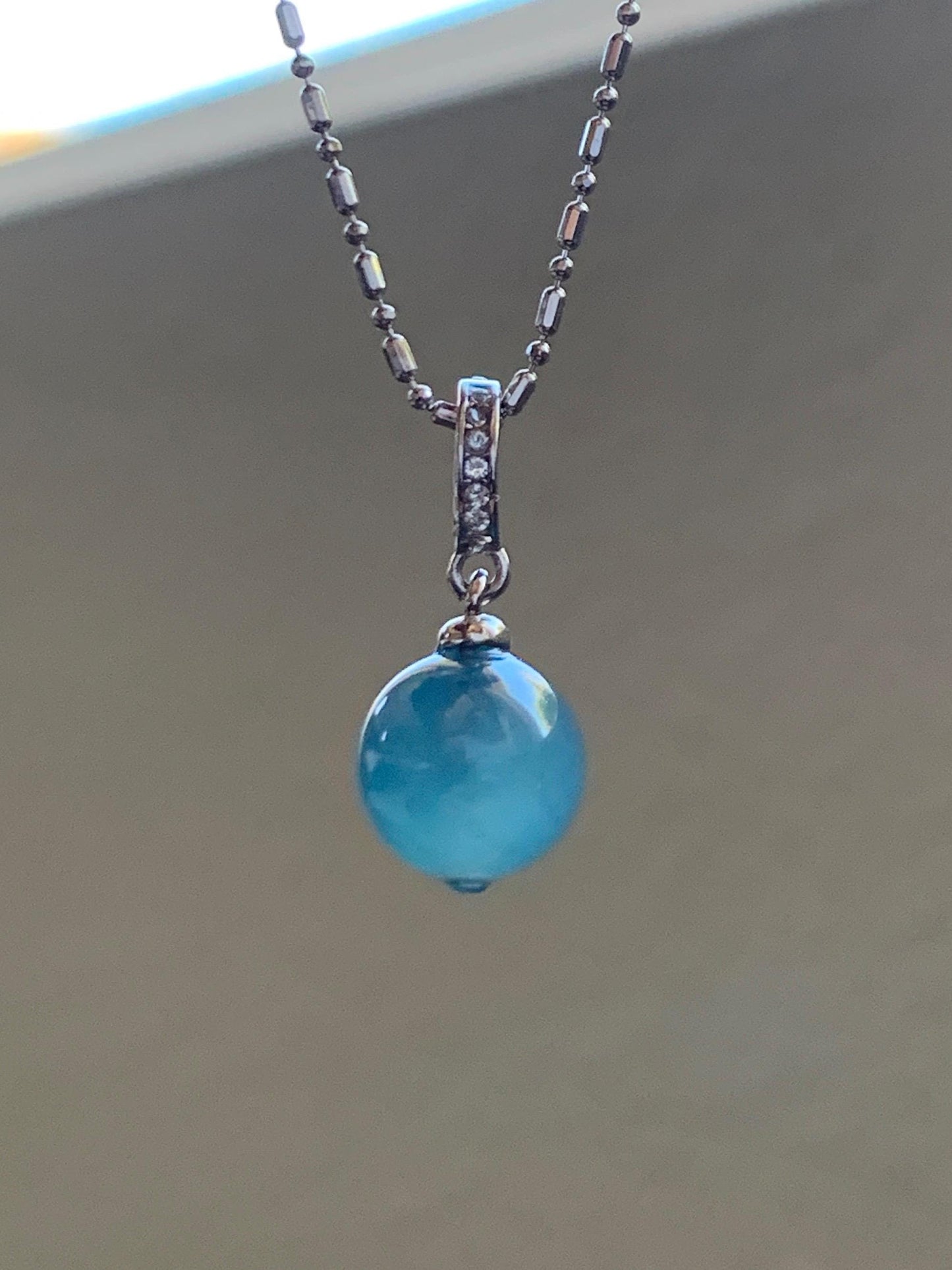 Natural Grade A Guatemalan Icy Highly Translucent Aegean Blue Jade Jadeite Bead Sphere Pendant Sterling Silver 天然冰危牛仔蓝翡翠单珠镶嵌吊坠 NZL99B