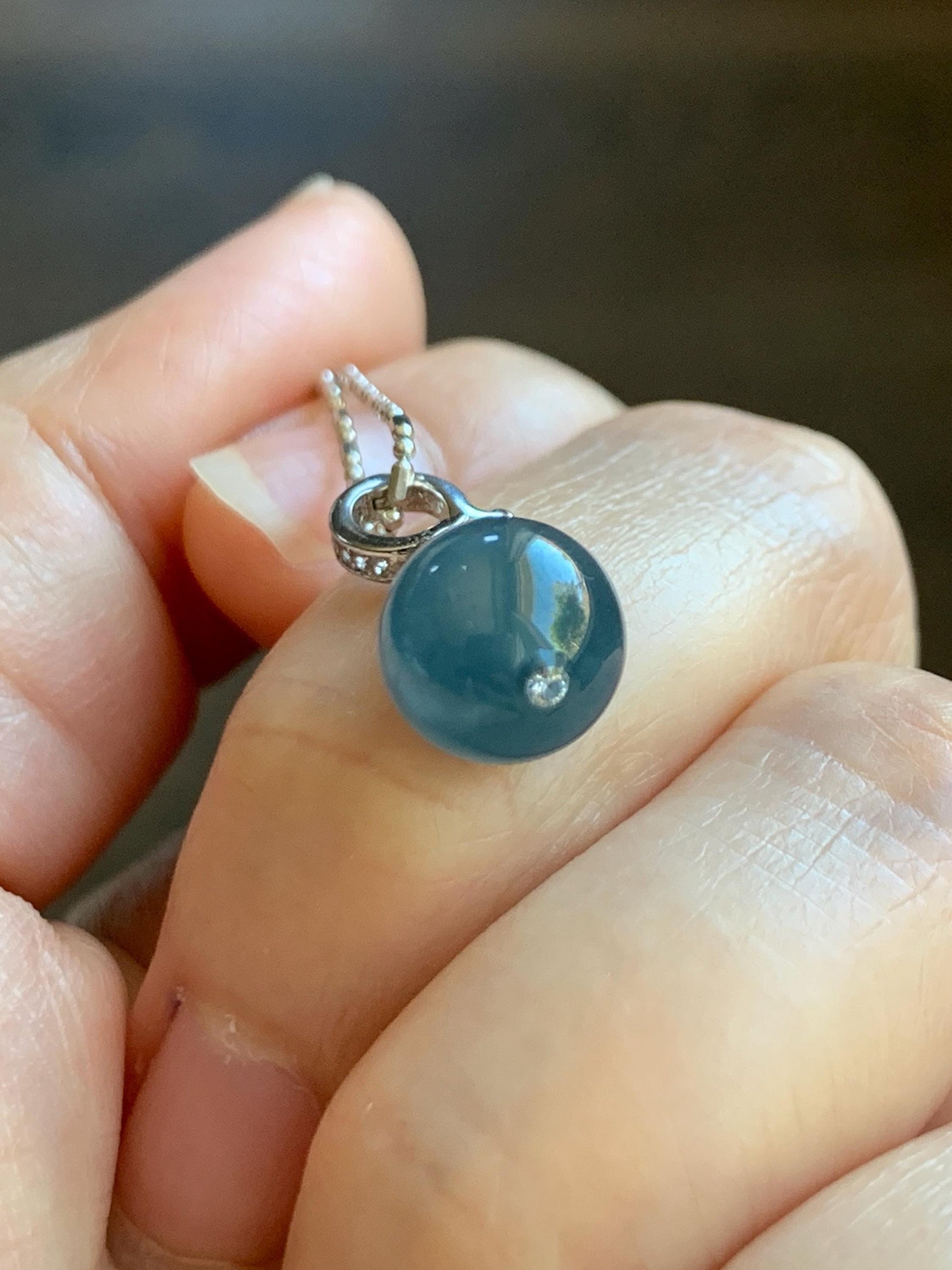 Natural Grade A Guatemalan Icy Highly Translucent Aegean Blue Jade Jadeite Bead Sphere Pendant Sterling Silver 天然冰危牛仔蓝翡翠单珠镶嵌吊坠 NZL99B