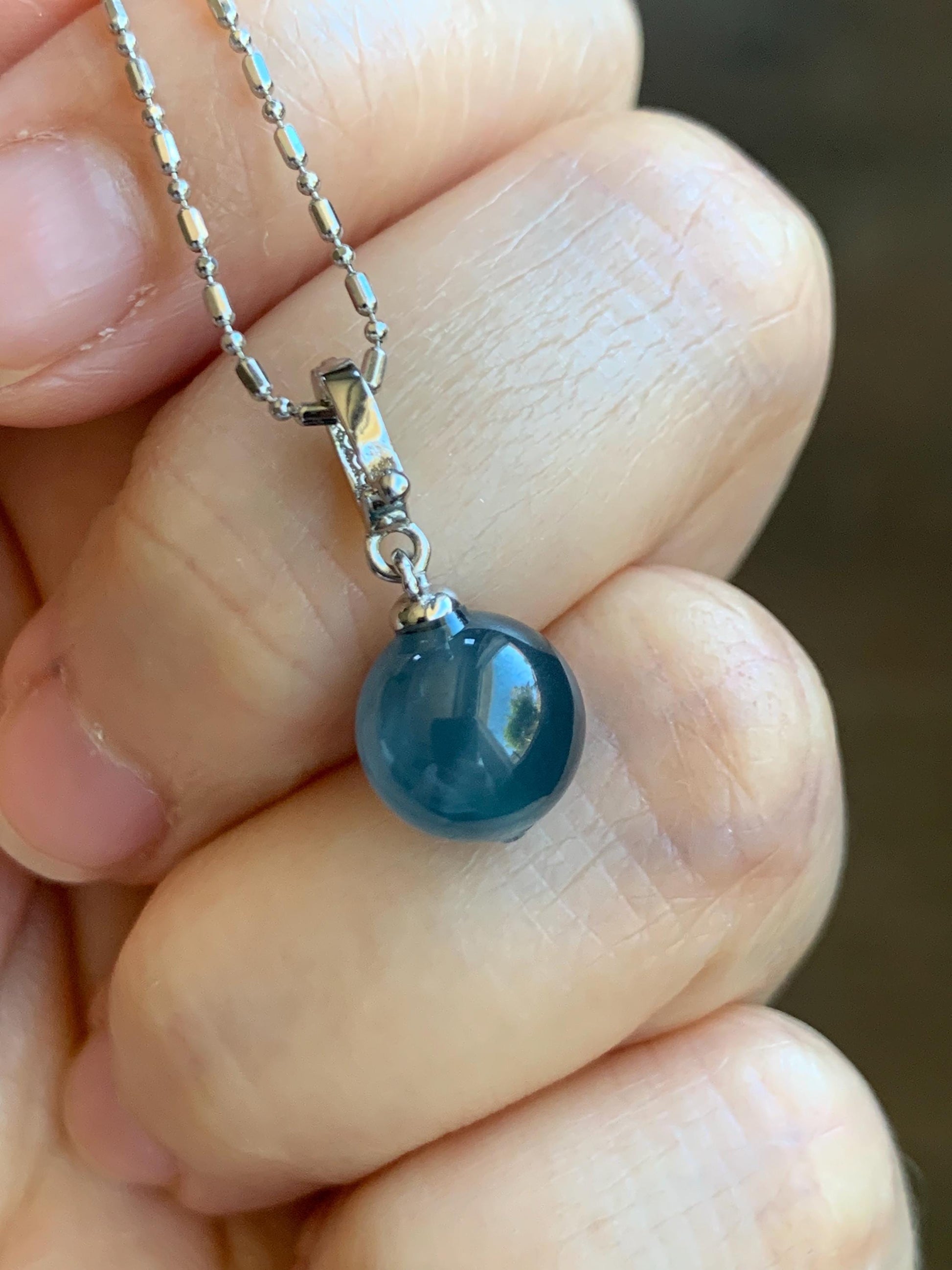 Natural Grade A Guatemalan Icy Highly Translucent Aegean Blue Jade Jadeite Bead Sphere Pendant Sterling Silver 天然冰危牛仔蓝翡翠单珠镶嵌吊坠 NZL99B