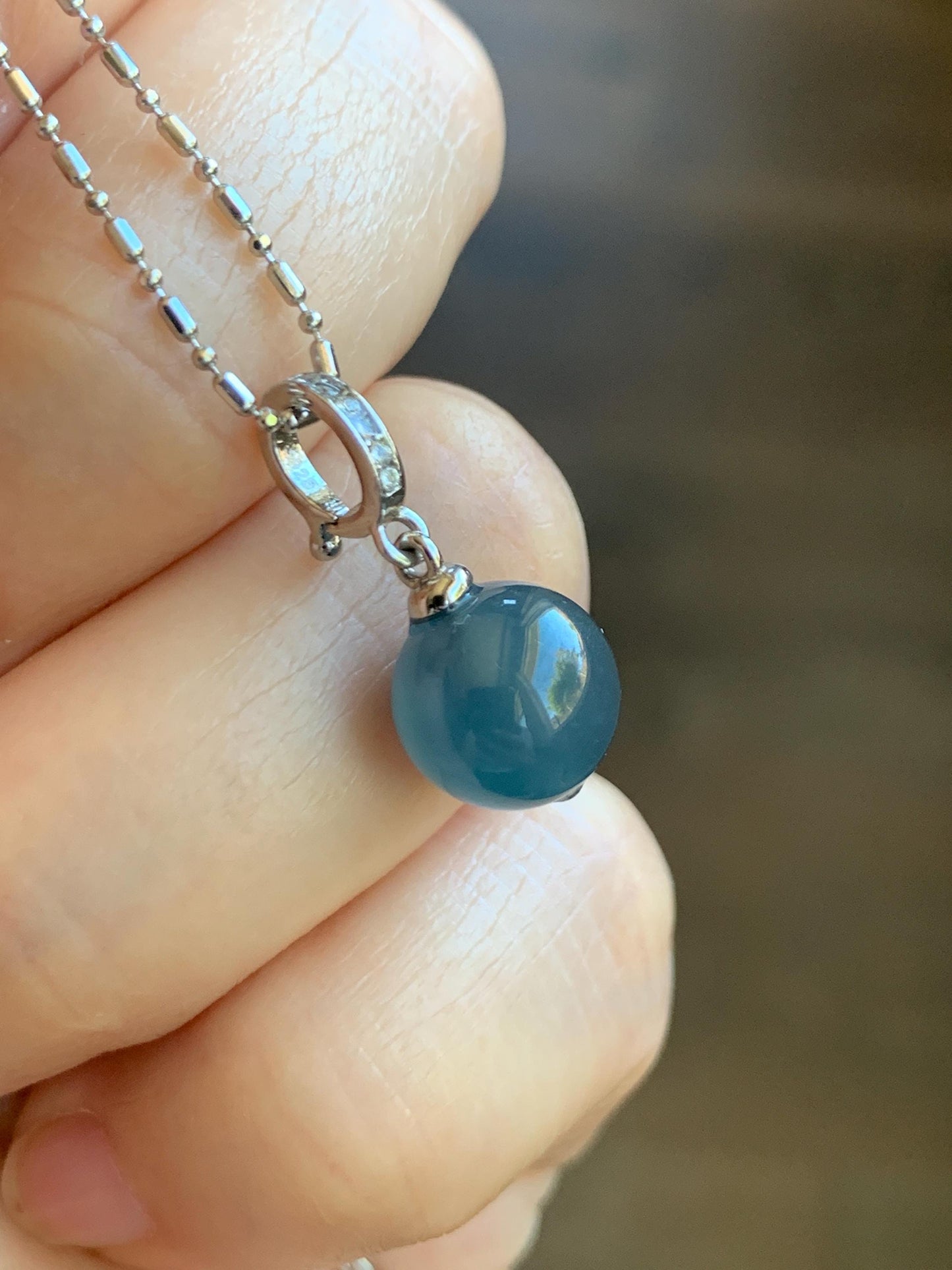 Natural Grade A Guatemalan Icy Highly Translucent Aegean Blue Jade Jadeite Bead Sphere Pendant Sterling Silver 天然冰危牛仔蓝翡翠单珠镶嵌吊坠 NZL99B