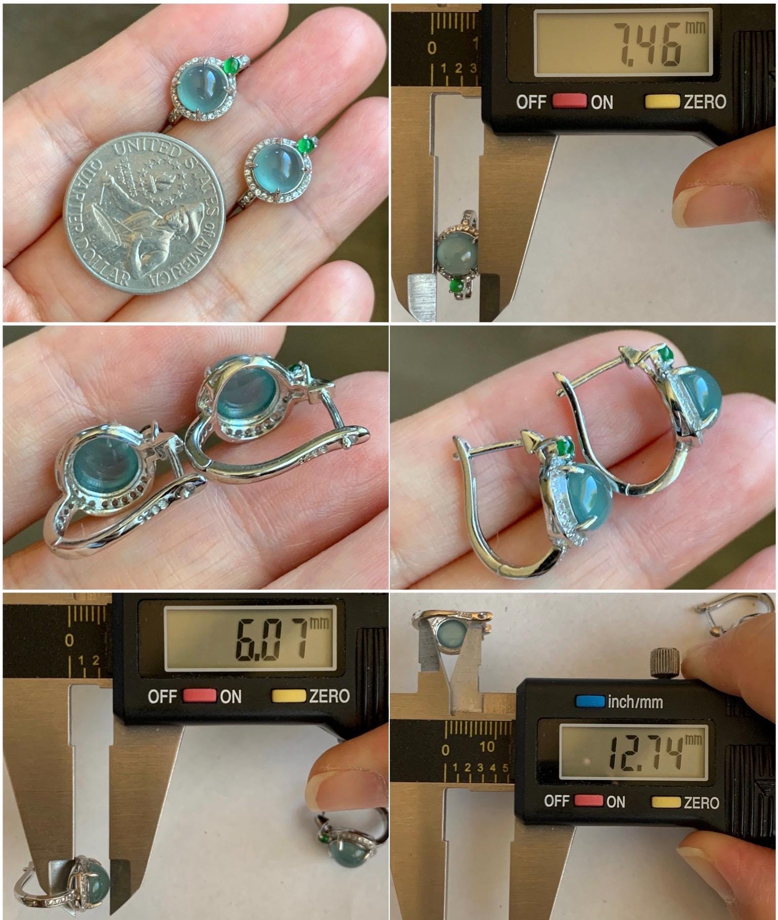 Natural Grade A Guatemalan Icy Highly Translucent Light Teal Blue Jade Jadeite Halo Huggie Earrings Sterling Silver 天然冰危起光淡蓝翡翠镶嵌耳包 DLE120