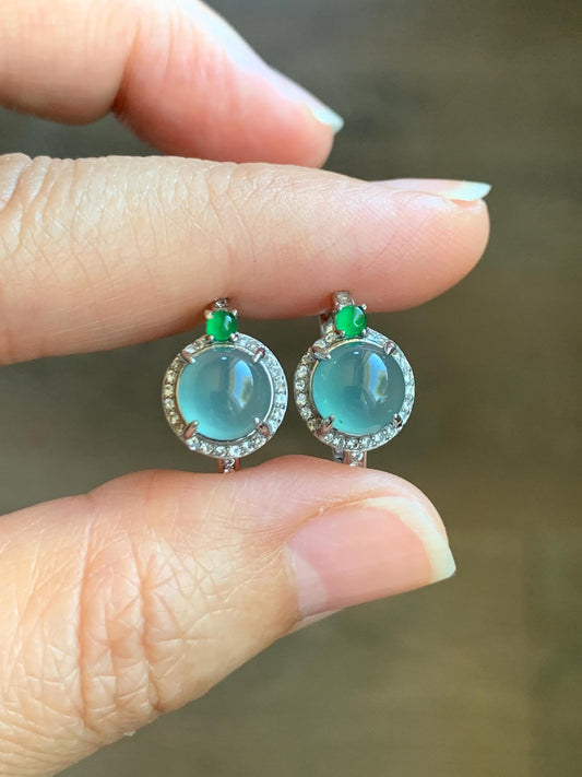 Natural Grade A Guatemalan Icy Highly Translucent Light Teal Blue Jade Jadeite Halo Huggie Earrings Sterling Silver 天然冰危起光淡蓝翡翠镶嵌耳包 DLE120