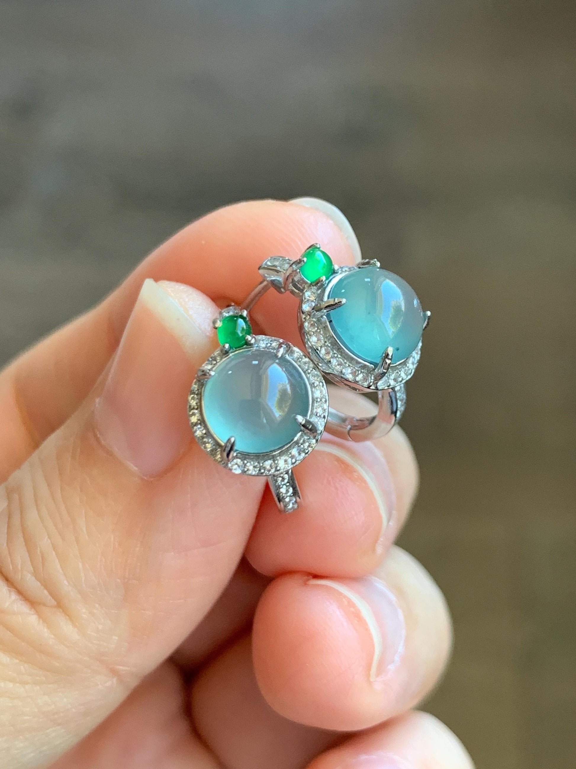 Natural Grade A Guatemalan Icy Highly Translucent Light Teal Blue Jade Jadeite Halo Huggie Earrings Sterling Silver 天然冰危起光淡蓝翡翠镶嵌耳包 DLE120