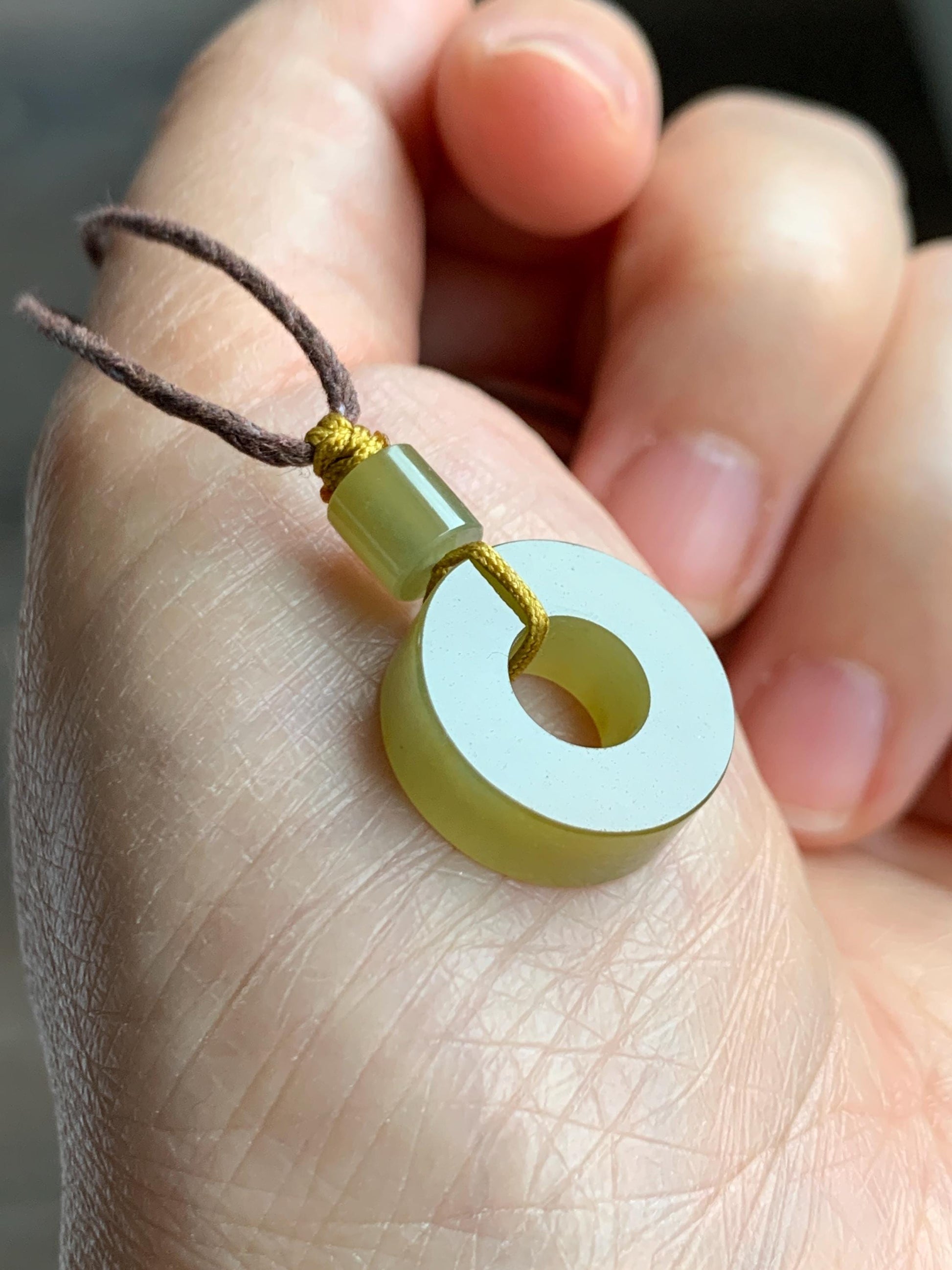 Certified Natural Grade A Guatemalan Icy Translucent Vibrant Yellow Jade Jadeite Ping An Kou Donut Pendant Rope Necklace 天然冰危满黄翡翠平安扣吊坠 8737