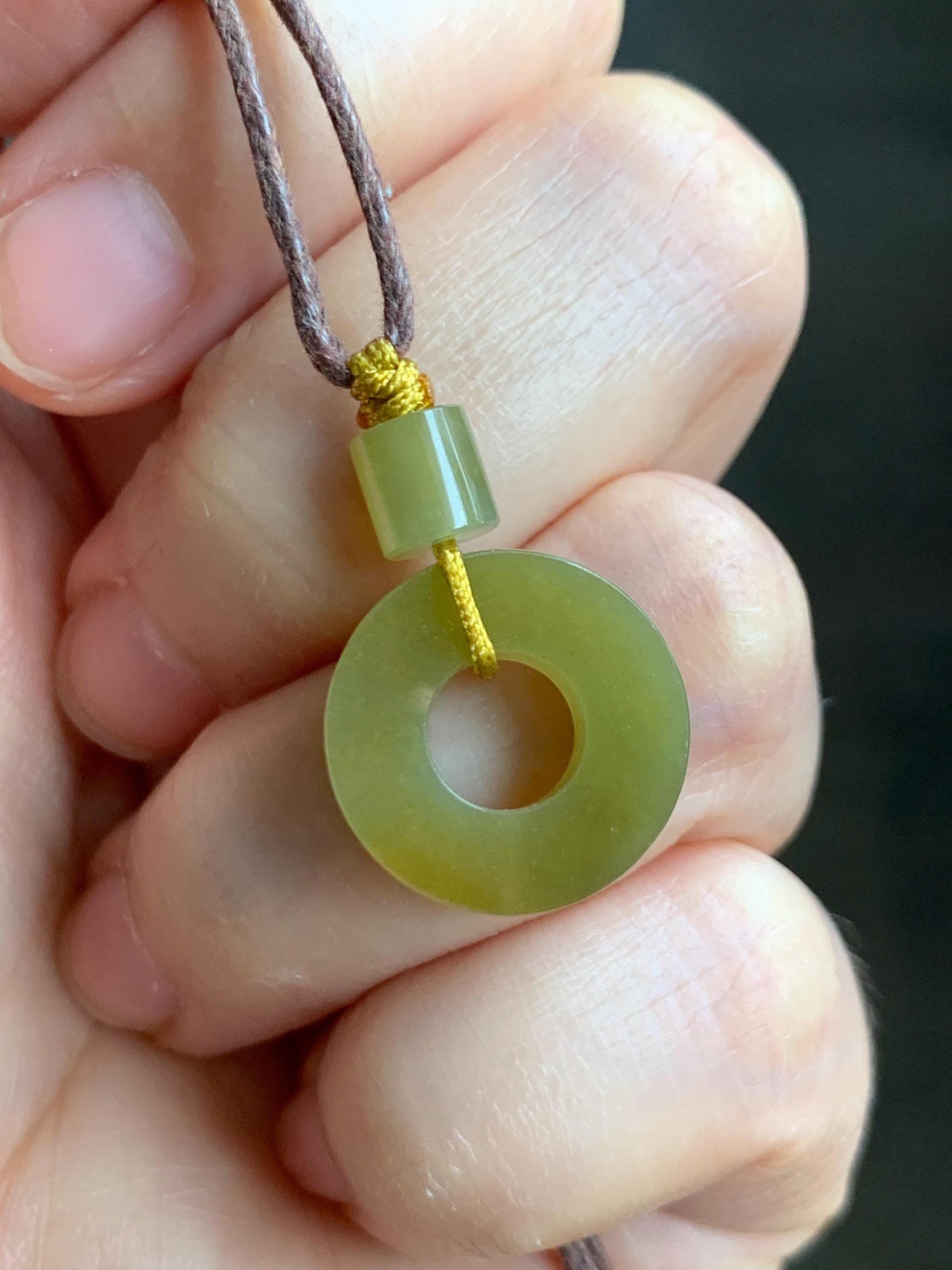 Certified Natural Grade A Guatemalan Icy Translucent Vibrant Yellow Jade Jadeite Ping An Kou Donut Pendant Rope Necklace 天然冰危满黄翡翠平安扣吊坠 8737