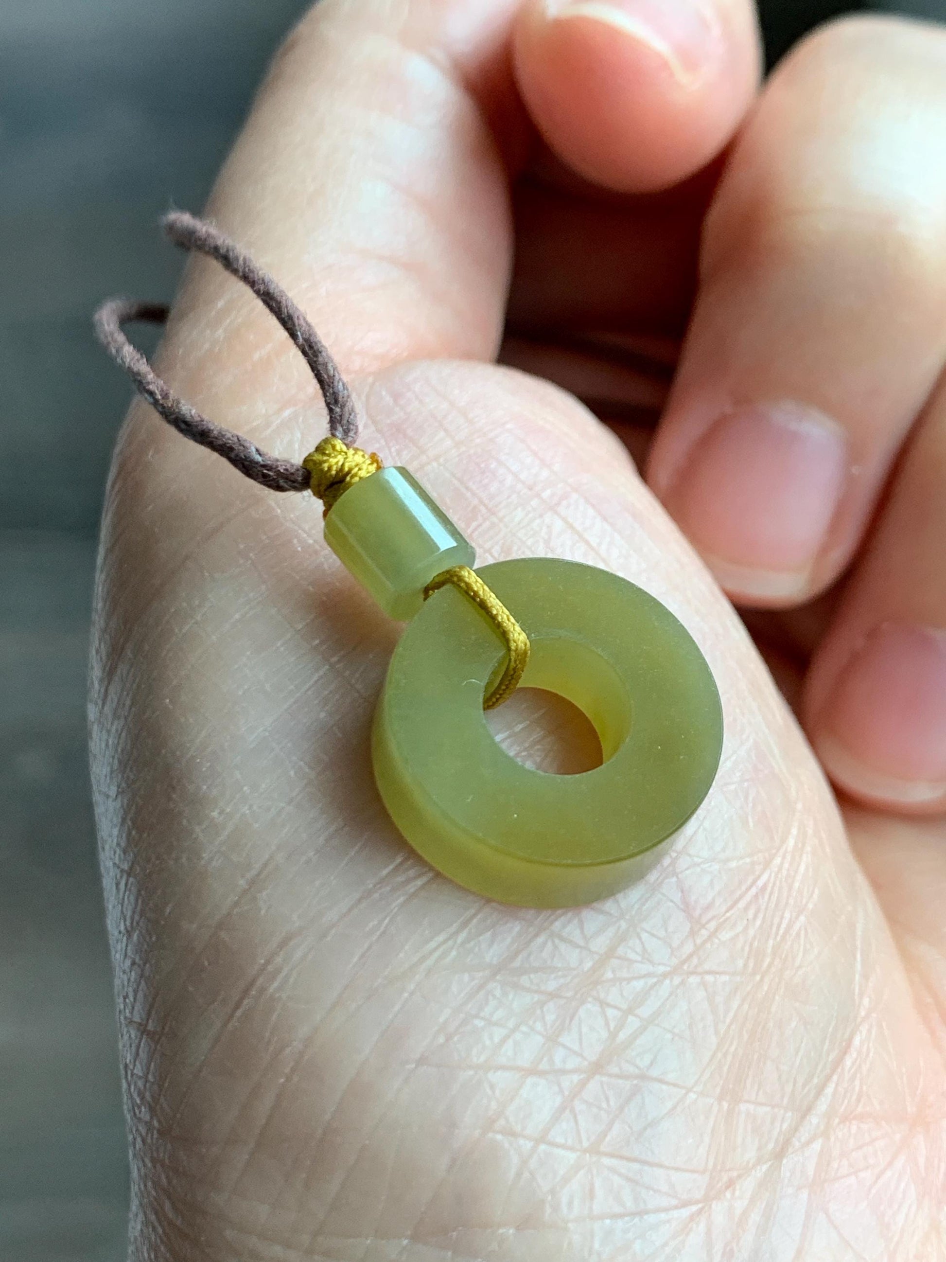 Certified Natural Grade A Guatemalan Icy Translucent Vibrant Yellow Jade Jadeite Ping An Kou Donut Pendant Rope Necklace 天然冰危满黄翡翠平安扣吊坠 8737