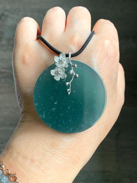 Certified Natural Guatemalan Icy Translucent Dark Teal Blue Jade Jadeite Wu Shi Pai Large Pendant Sterling Silver 天然老种冰危深蓝绿翡翠无事牌梅花吊坠 8738