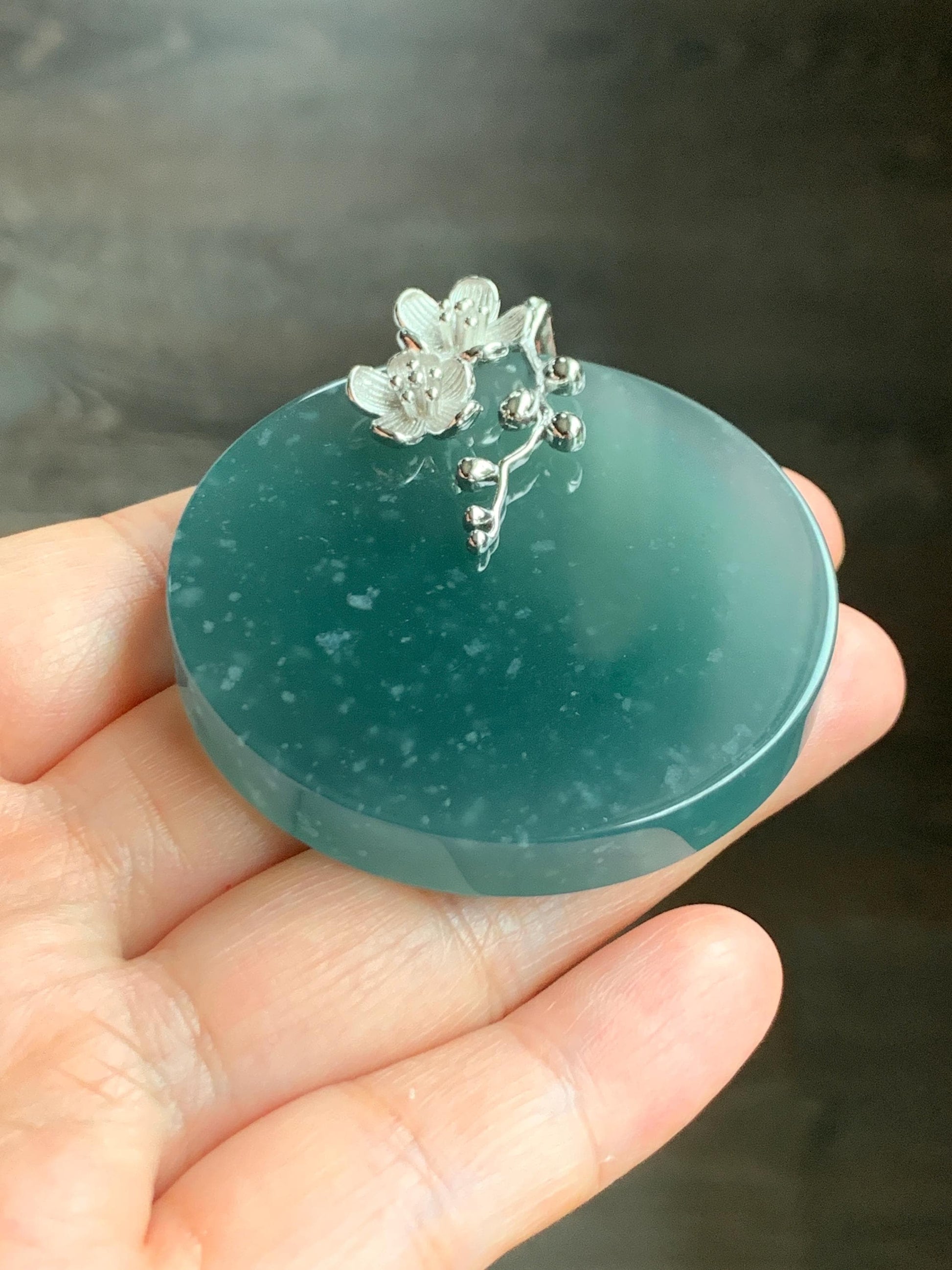 Certified Natural Guatemalan Icy Translucent Dark Teal Blue Jade Jadeite Wu Shi Pai Large Pendant Sterling Silver 天然老种冰危深蓝绿翡翠无事牌梅花吊坠 8738