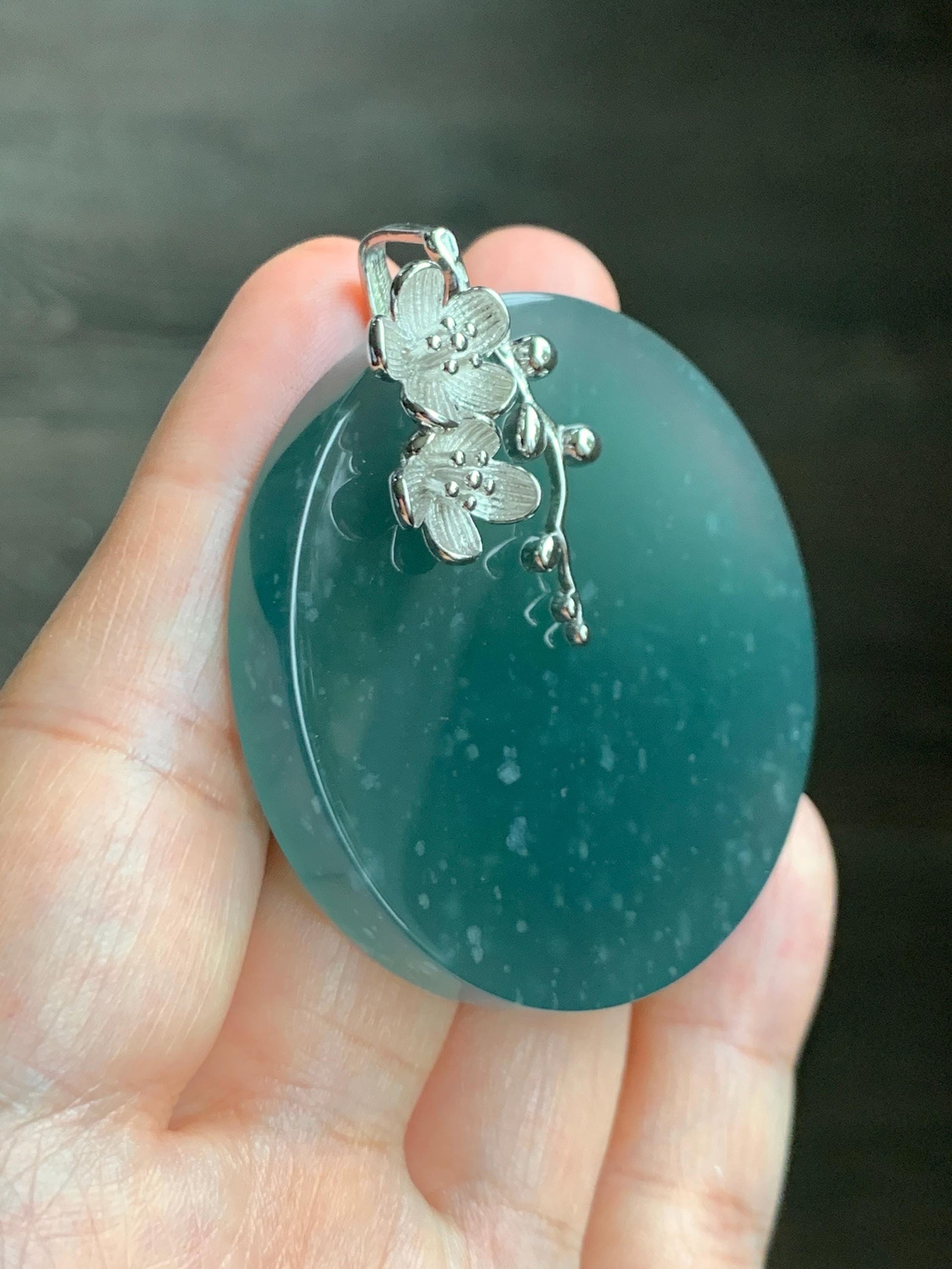 Certified Natural Guatemalan Icy Translucent Dark Teal Blue Jade Jadeite Wu Shi Pai Large Pendant Sterling Silver 天然老种冰危深蓝绿翡翠无事牌梅花吊坠 8738