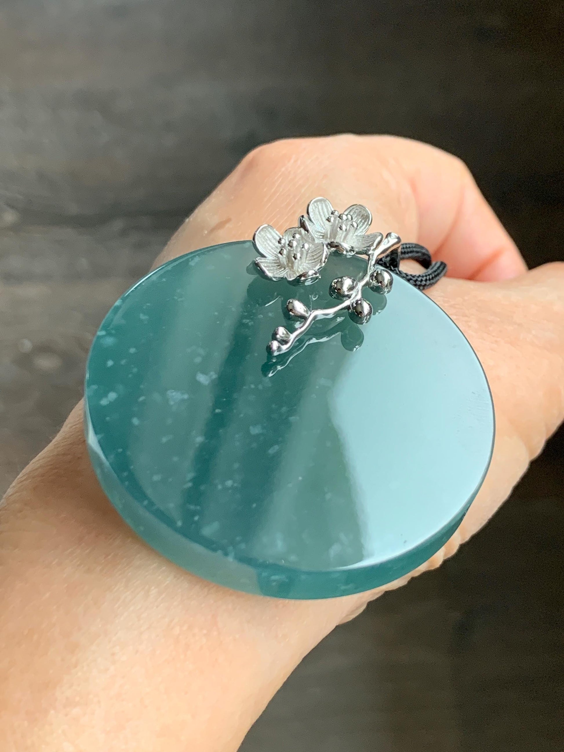 Certified Natural Guatemalan Icy Translucent Dark Teal Blue Jade Jadeite Wu Shi Pai Large Pendant Sterling Silver 天然老种冰危深蓝绿翡翠无事牌梅花吊坠 8738