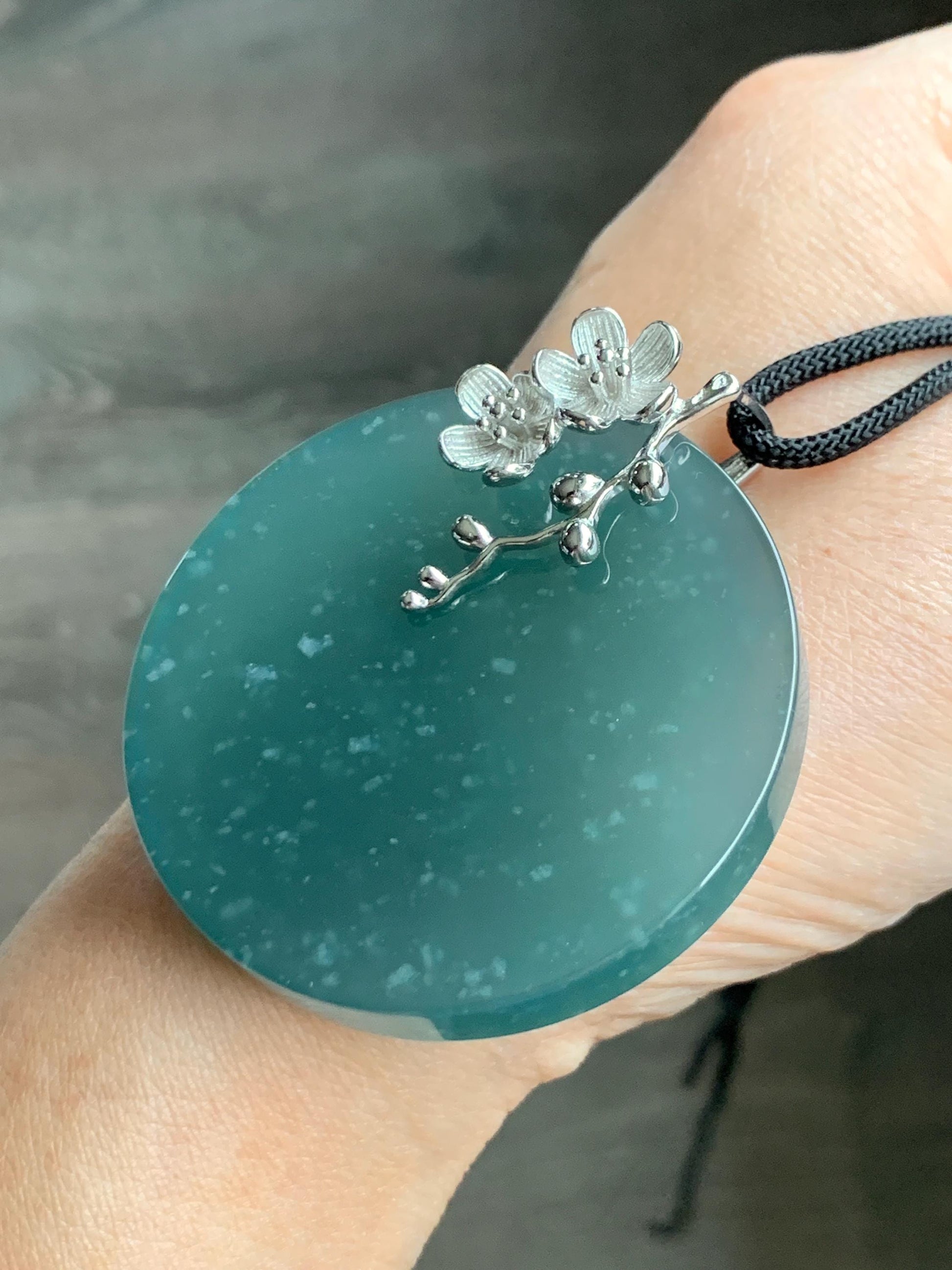 Certified Natural Guatemalan Icy Translucent Dark Teal Blue Jade Jadeite Wu Shi Pai Large Pendant Sterling Silver 天然老种冰危深蓝绿翡翠无事牌梅花吊坠 8738