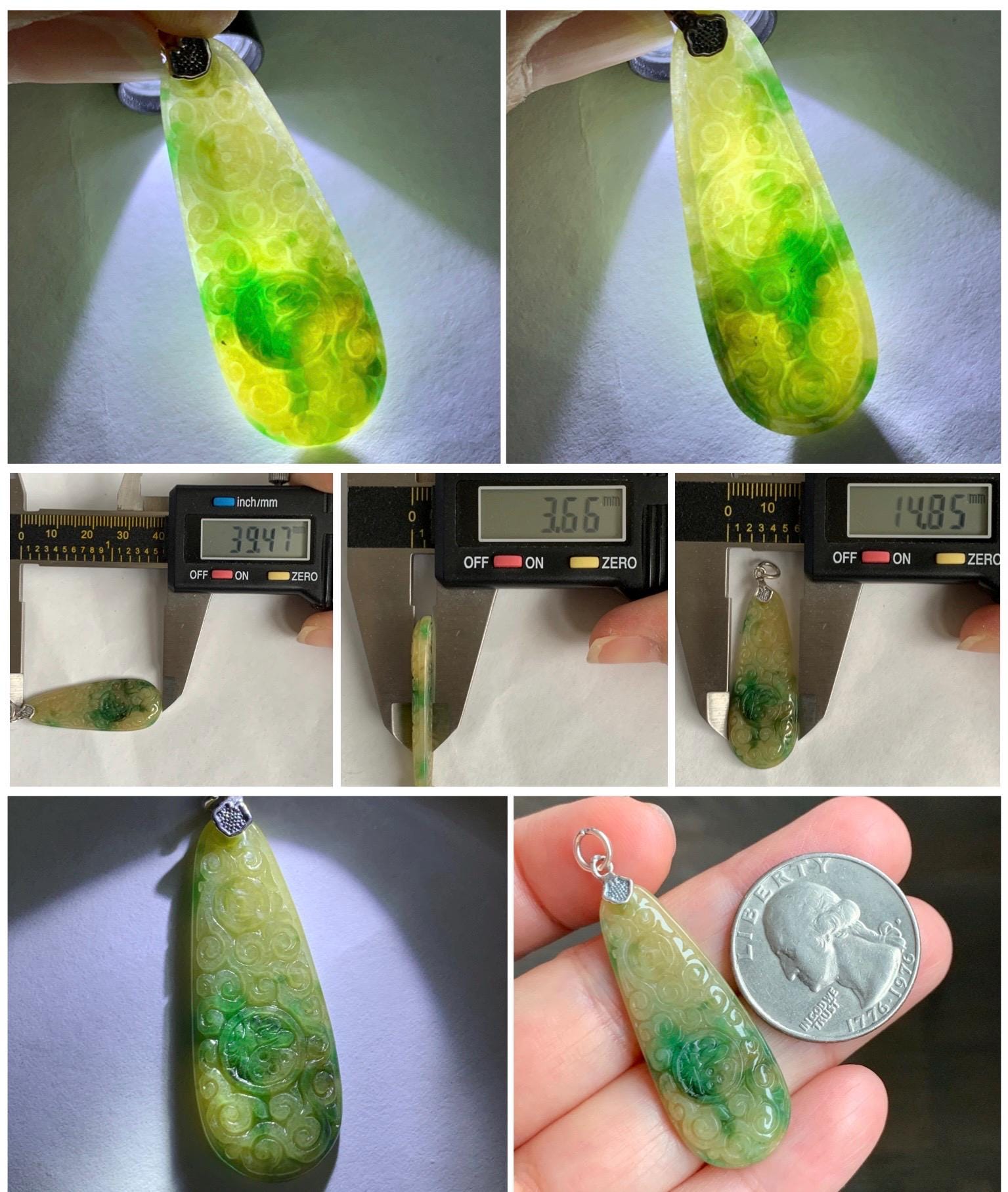 Natural Grade A Icy Translucent Yellow Green Marbled Jade Jadeite Engraved Teardrop Pendant Sterling Silver 4g 天然冰黄配阳绿花翡翠仿古雕水滴吊坠 MHL223