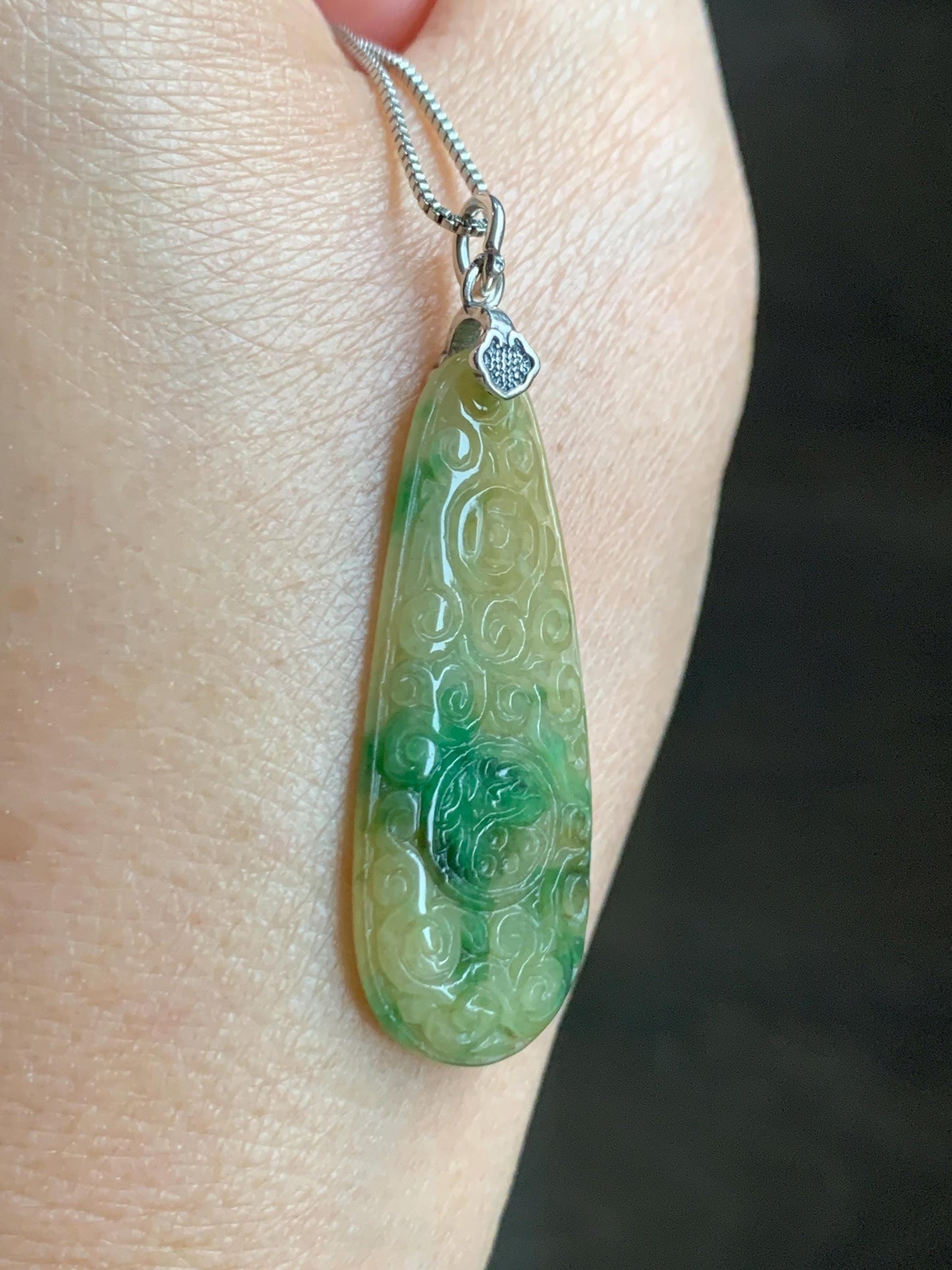Natural Grade A Icy Translucent Yellow Green Marbled Jade Jadeite Engraved Teardrop Pendant Sterling Silver 4g 天然冰黄配阳绿花翡翠仿古雕水滴吊坠 MHL223