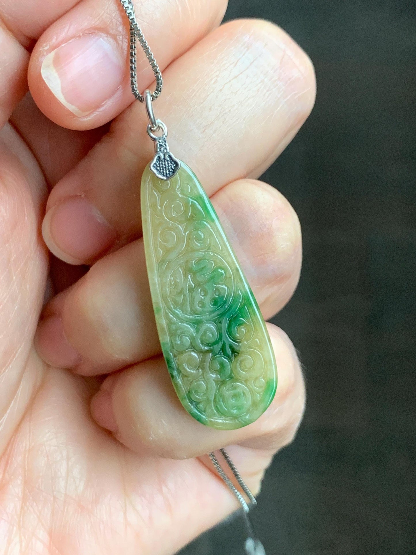 Natural Grade A Icy Translucent Yellow Green Marbled Jade Jadeite Engraved Teardrop Pendant Sterling Silver 4g 天然冰黄配阳绿花翡翠仿古雕水滴吊坠 MHL223