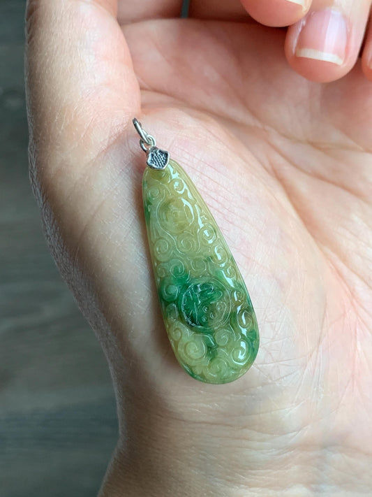 Natural Grade A Icy Translucent Yellow Green Marbled Jade Jadeite Engraved Teardrop Pendant Sterling Silver 4g 天然冰黄配阳绿花翡翠仿古雕水滴吊坠 MHL223