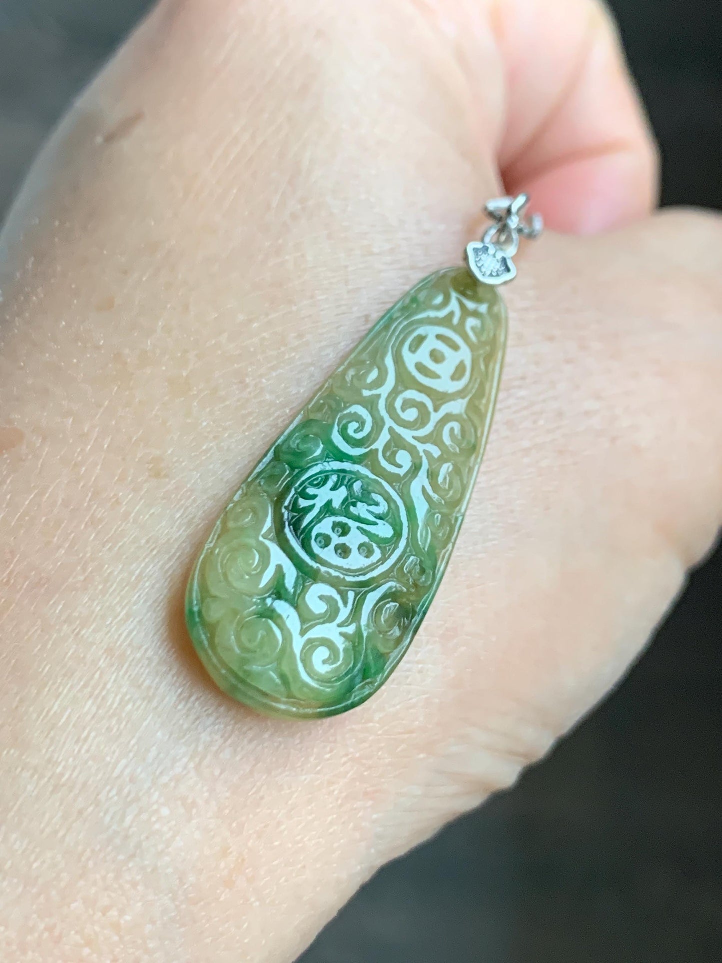 Natural Grade A Icy Translucent Yellow Green Marbled Jade Jadeite Engraved Teardrop Pendant Sterling Silver 4g 天然冰黄配阳绿花翡翠仿古雕水滴吊坠 MHL223