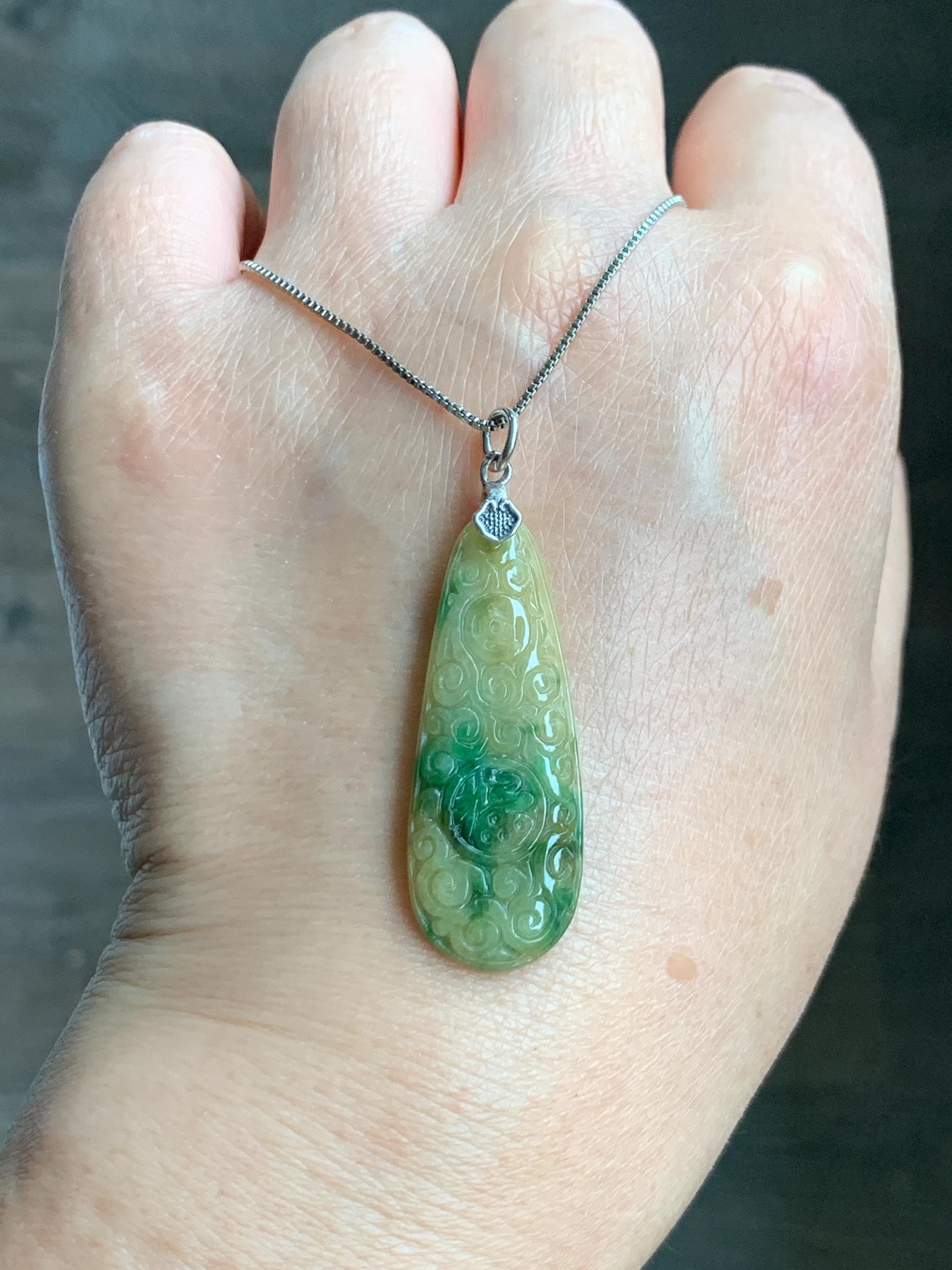Natural Grade A Icy Translucent Yellow Green Marbled Jade Jadeite Engraved Teardrop Pendant Sterling Silver 4g 天然冰黄配阳绿花翡翠仿古雕水滴吊坠 MHL223