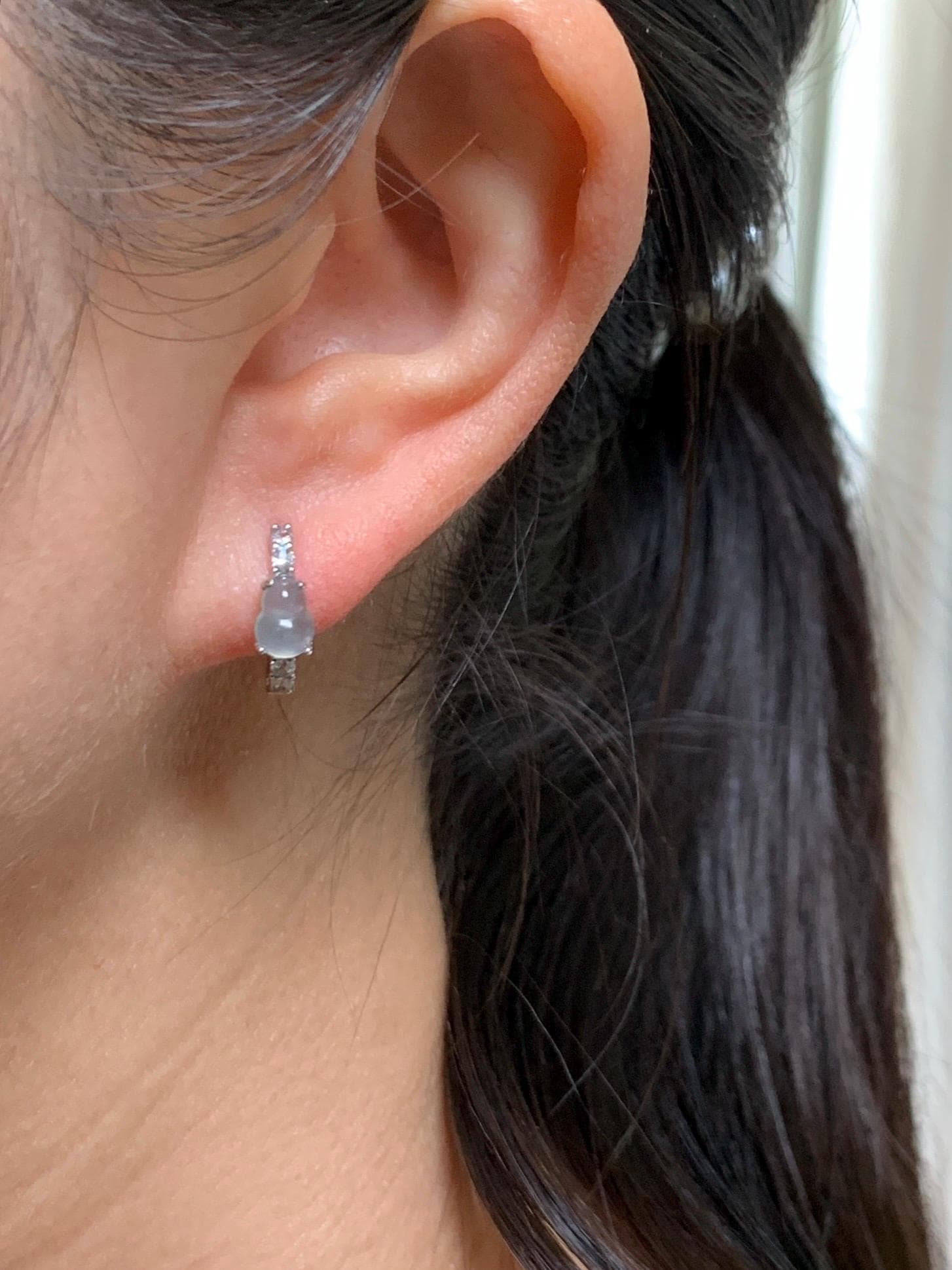 Natural Grade A Guatemalan Icy Highly Translucent Pastel Blue Jade Jadeite Gourd Hoop Huggie Earrings Sterling Silver 天然冰危淡蓝翡翠葫芦银镶耳包 HLB77