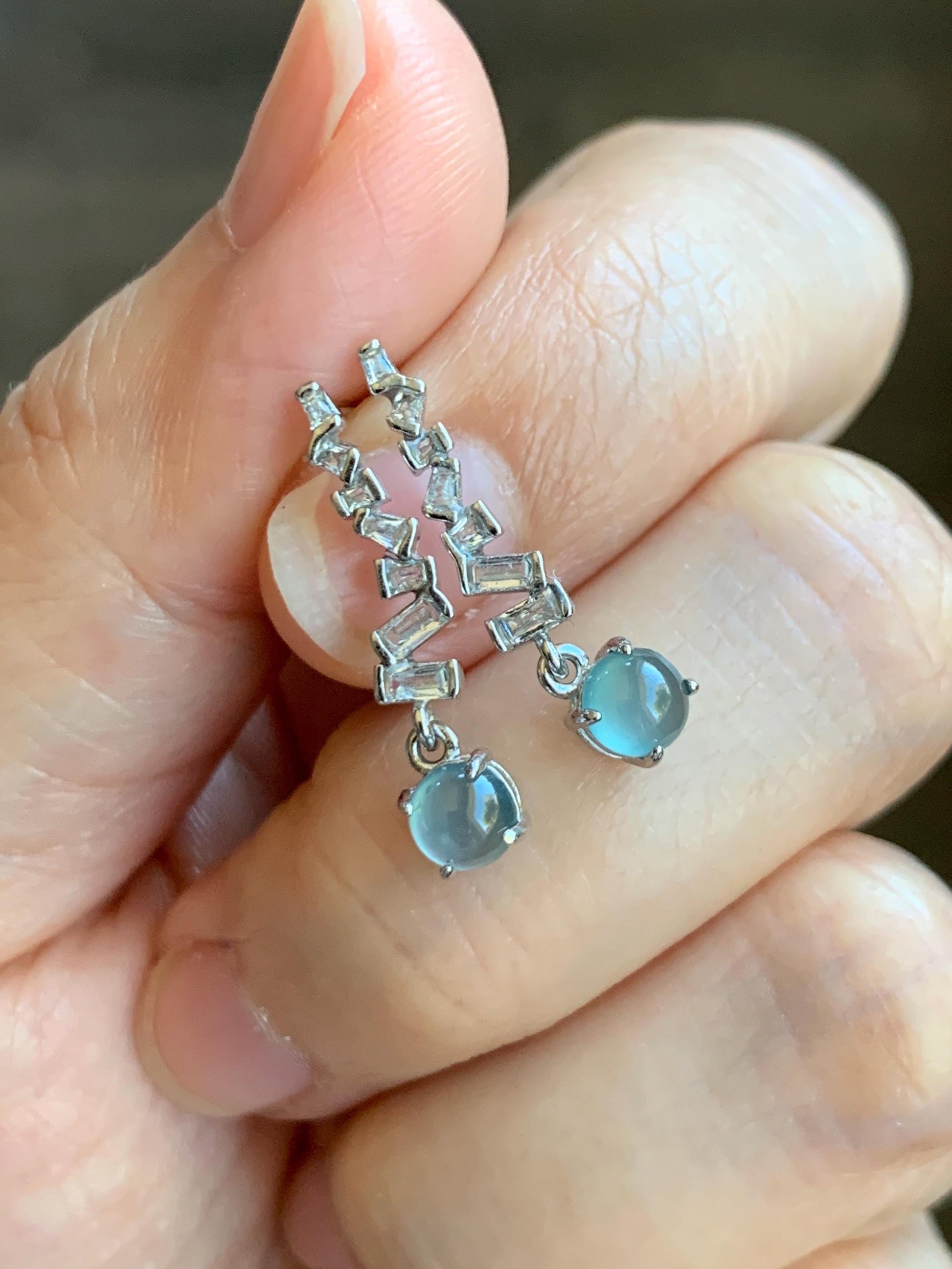 Natural Grade A Guatemalan Icy Highly Translucent Light Teal Blue Jade Jadeite Stud Dangle Earrings Sterling Silver 天然冰危浅蓝翡翠耳钉 WLD75