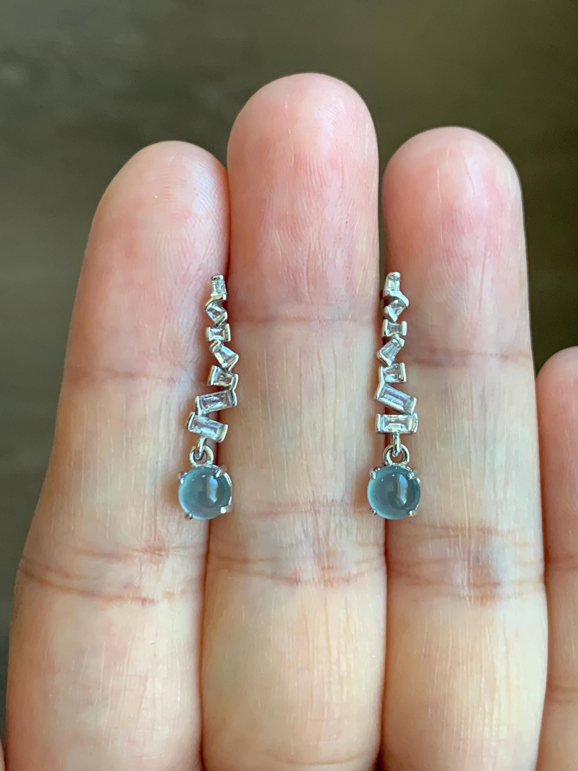 Natural Grade A Guatemalan Icy Highly Translucent Light Teal Blue Jade Jadeite Stud Dangle Earrings Sterling Silver 天然冰危浅蓝翡翠耳钉 WLD75