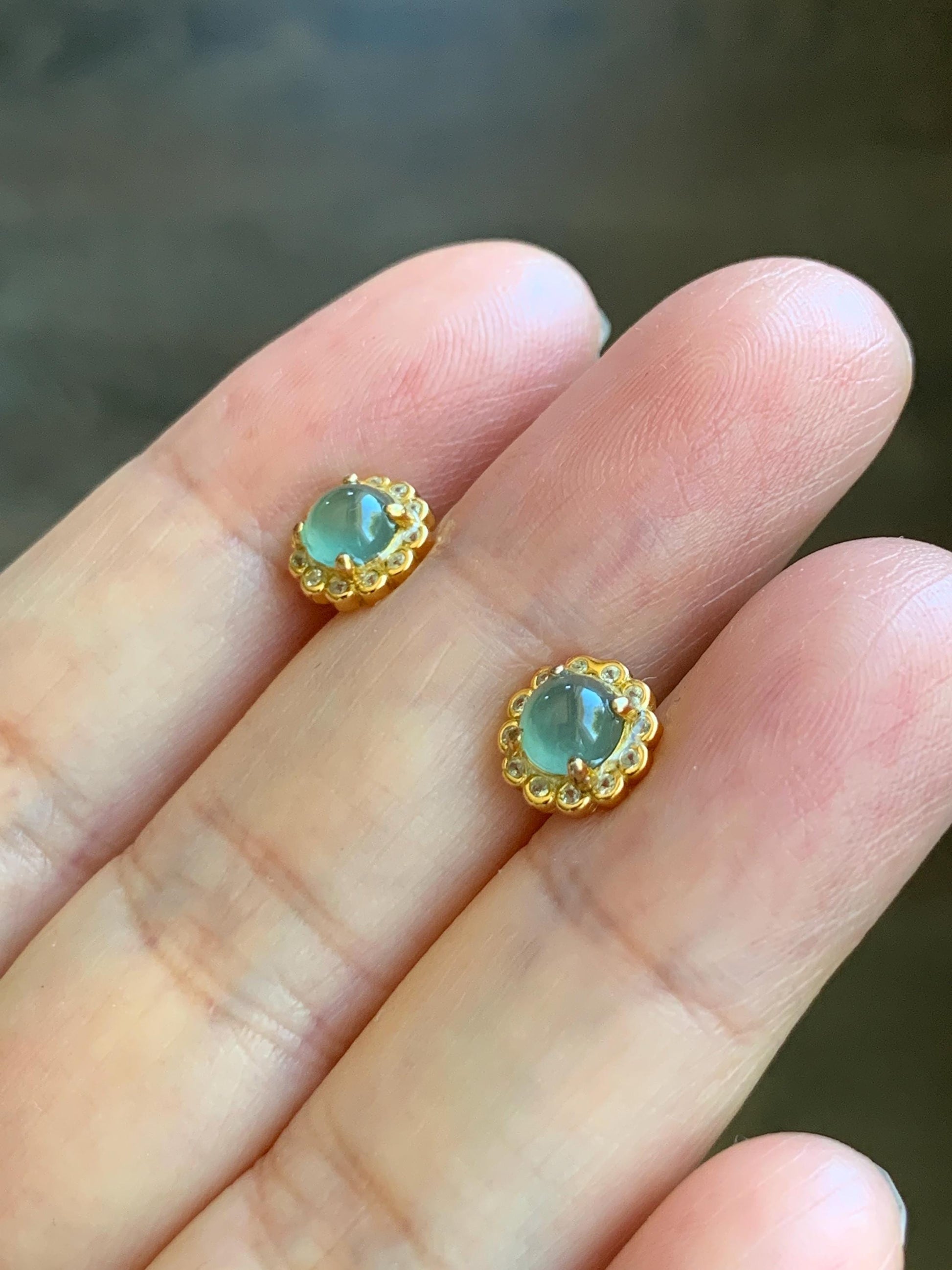 Natural Grade A Guatemalan Icy Highly Translucent Light Teal Green Jade Jadeite Halo Stud Earrings Sterling Silver 天然冰危浅蓝绿翡翠银镶耳钉 XHO55
