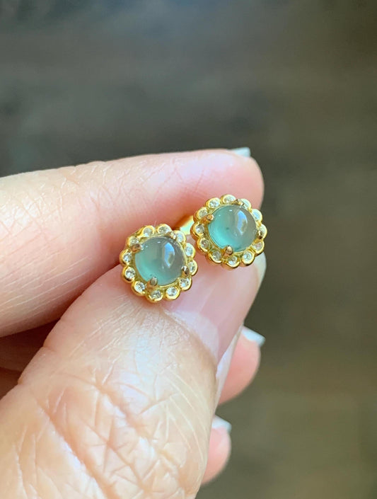 Natural Grade A Guatemalan Icy Highly Translucent Light Teal Green Jade Jadeite Halo Stud Earrings Sterling Silver 天然冰危浅蓝绿翡翠银镶耳钉 XHO55