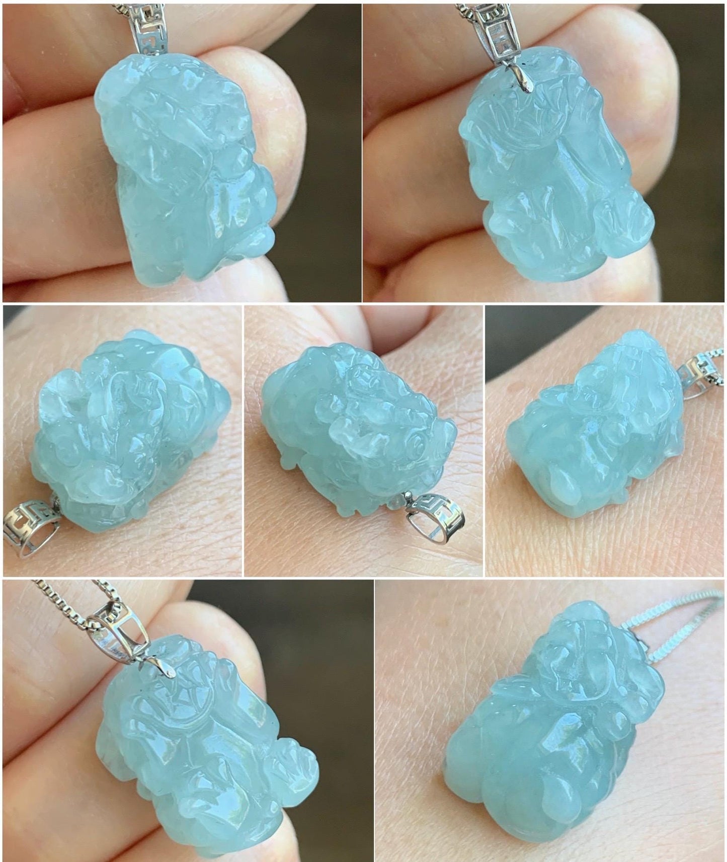 Natural Grade A Icy Translucent Gelatinous Pastel Blue Jade Jadeite Carved Pixiu Pendant 18K White Gold 8g 天然老种冰胶淡蓝翡翠貔貅吊坠 MTL248W