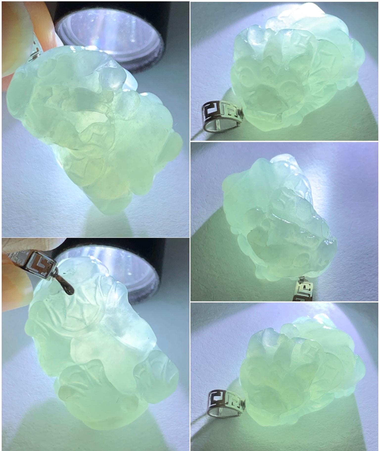 Natural Grade A Icy Translucent Gelatinous Pastel Blue Jade Jadeite Carved Pixiu Pendant 18K White Gold 8g 天然老种冰胶淡蓝翡翠貔貅吊坠 MTL248W