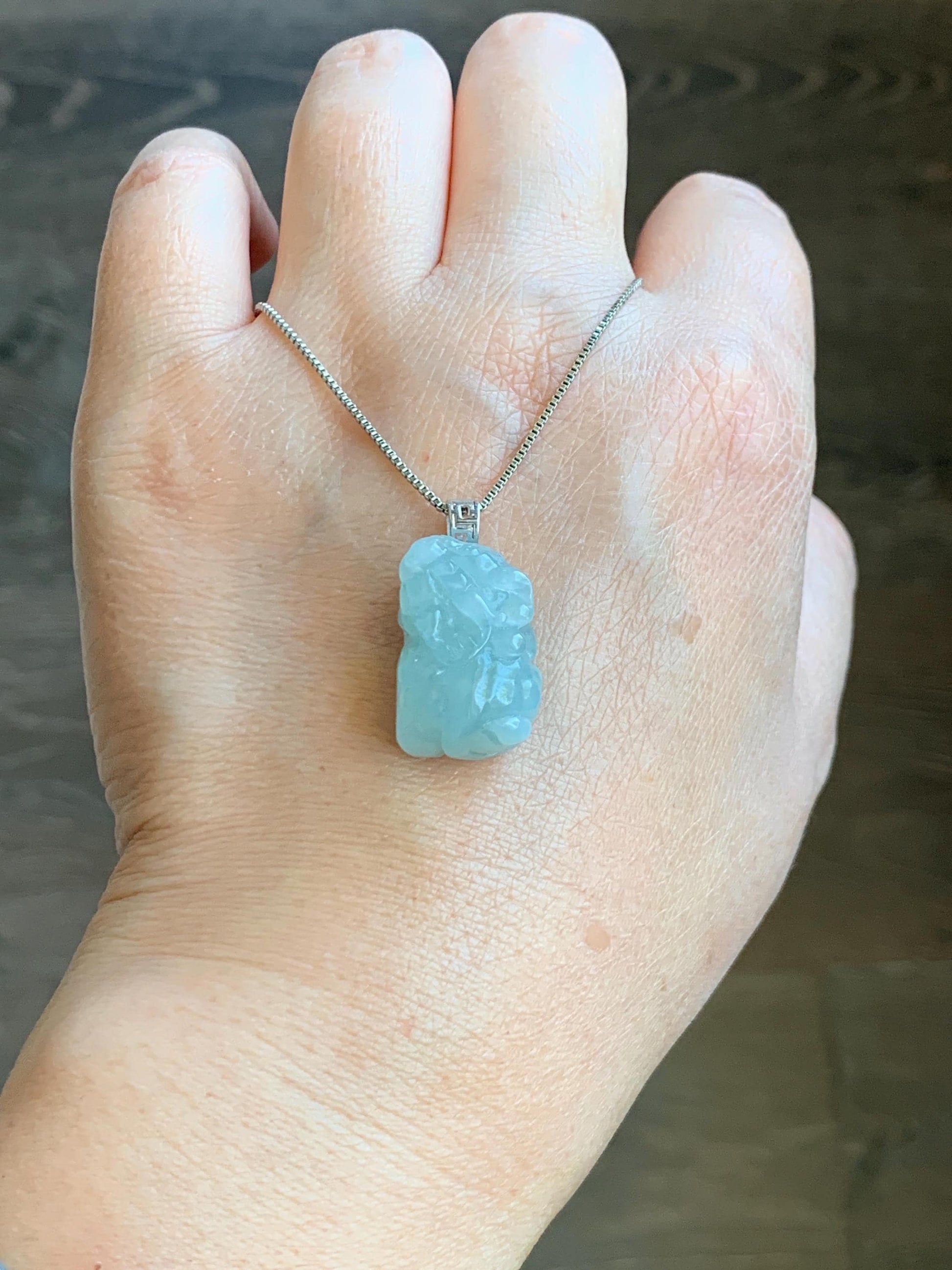 Natural Grade A Icy Translucent Gelatinous Pastel Blue Jade Jadeite Carved Pixiu Pendant 18K White Gold 8g 天然老种冰胶淡蓝翡翠貔貅吊坠 MTL248W