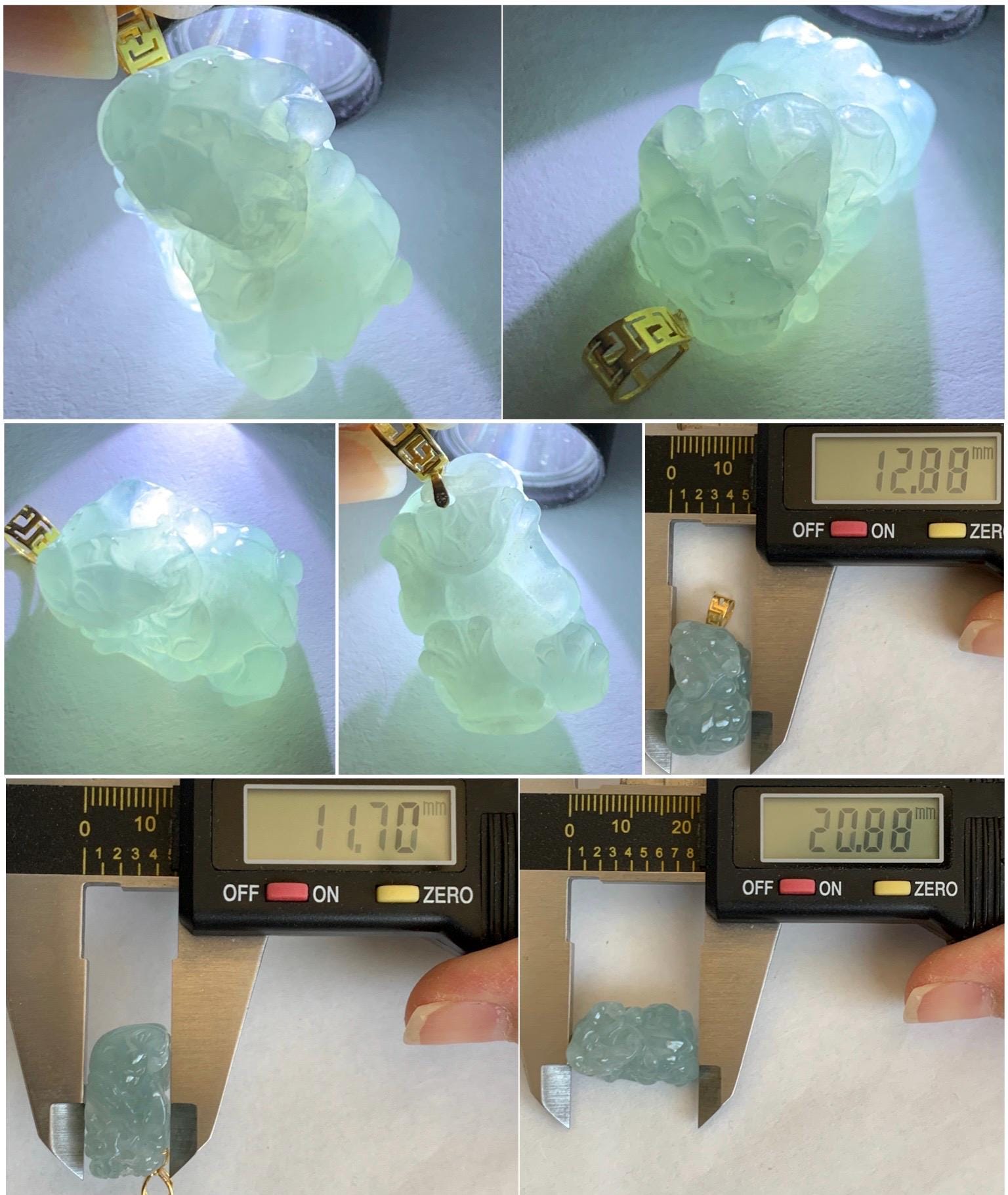 Natural Grade A Icy Translucent Gelatinous Pastel Blue Jade Jadeite Carved Pixiu Pendant 18K Yellow Gold 7g 天然老种冰胶淡蓝翡翠貔貅吊坠 MTL248G