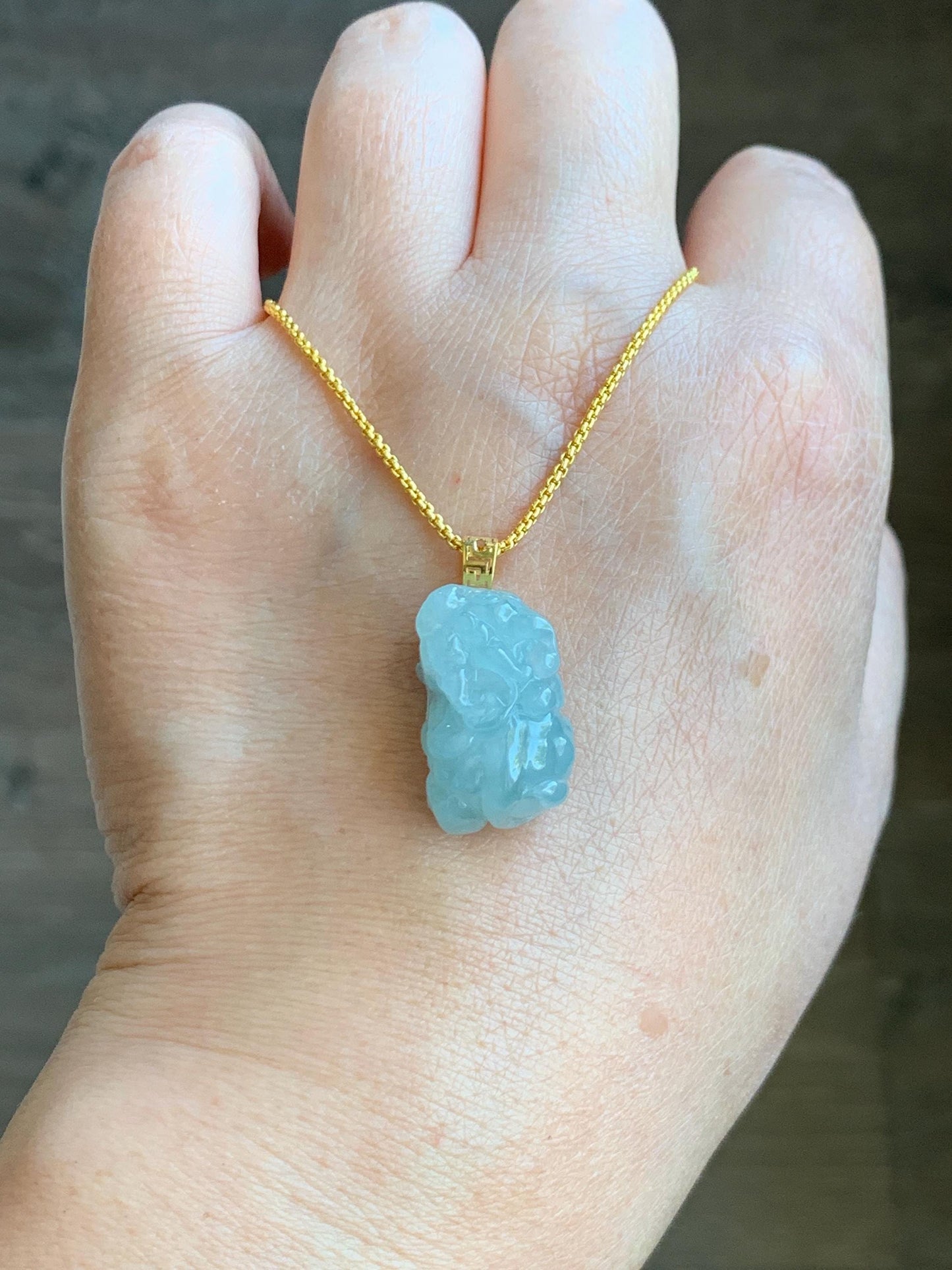 Natural Grade A Icy Translucent Gelatinous Pastel Blue Jade Jadeite Carved Pixiu Pendant 18K Yellow Gold 7g 天然老种冰胶淡蓝翡翠貔貅吊坠 MTL248G