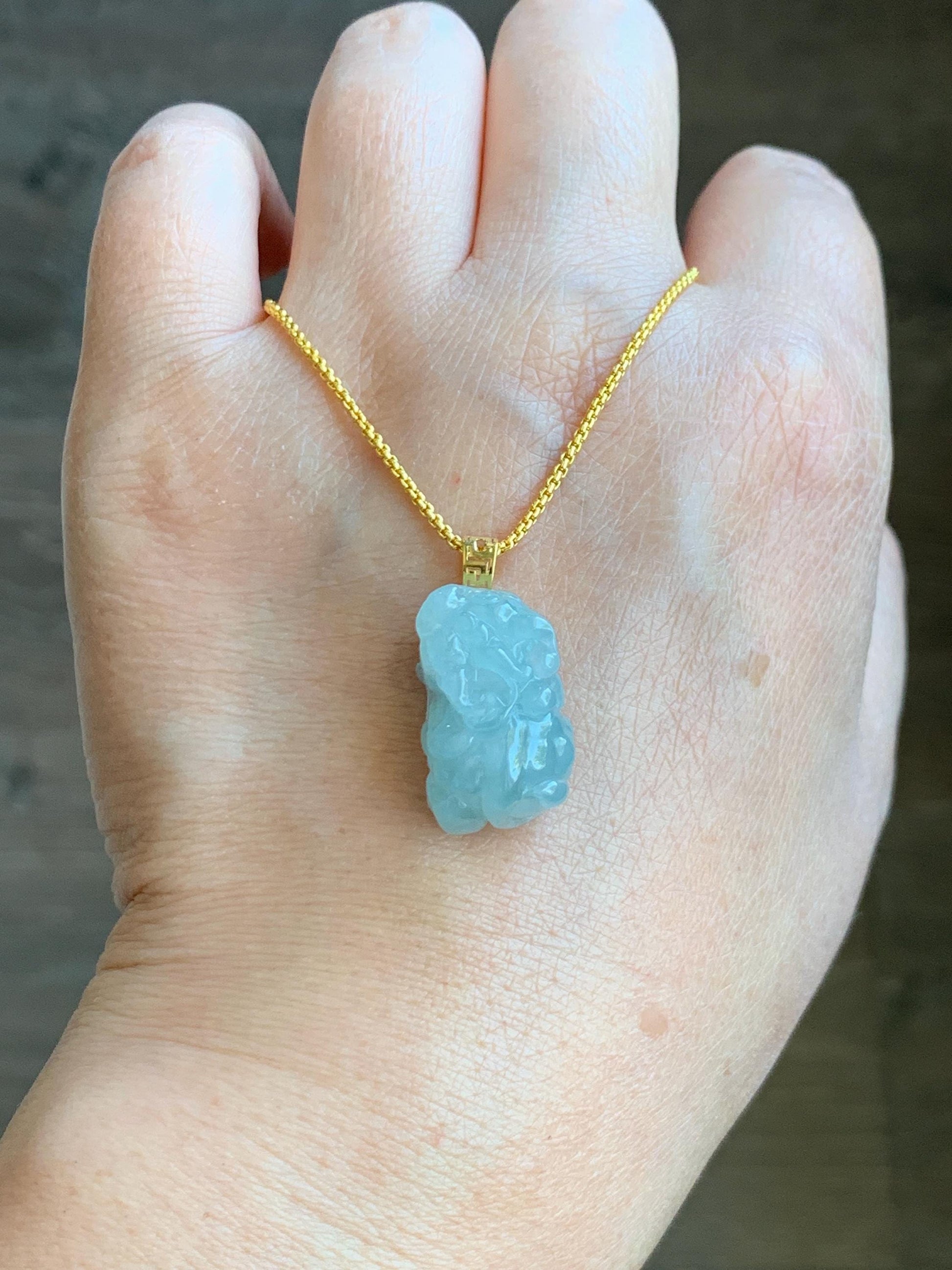 Natural Grade A Icy Translucent Gelatinous Pastel Blue Jade Jadeite Carved Pixiu Pendant 18K Yellow Gold 7g 天然老种冰胶淡蓝翡翠貔貅吊坠 MTL248G