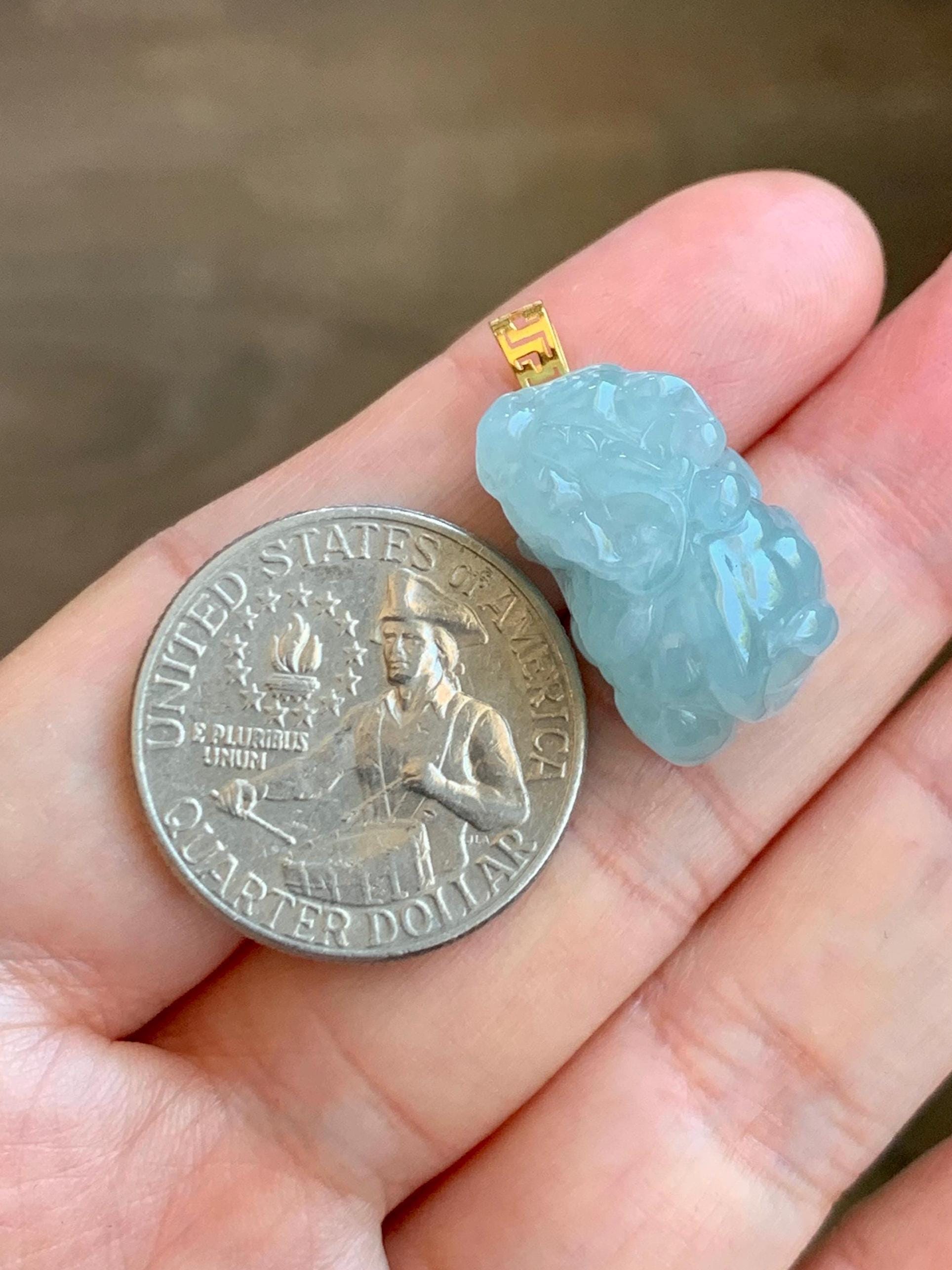 Natural Grade A Icy Translucent Gelatinous Pastel Blue Jade Jadeite Carved Pixiu Pendant 18K Yellow Gold 7g 天然老种冰胶淡蓝翡翠貔貅吊坠 MTL248G