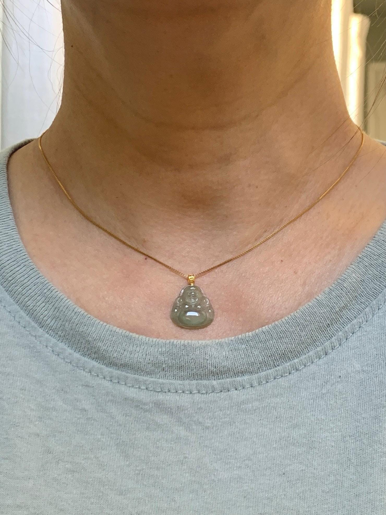 Natural Grade A Icy Highly Translucent Light Green Jade Jadeite Carved Buddha Petite Pendant 18K Yellow Gold 天然冰胶晴色翡翠小佛公镶嵌吊坠 MQF180A