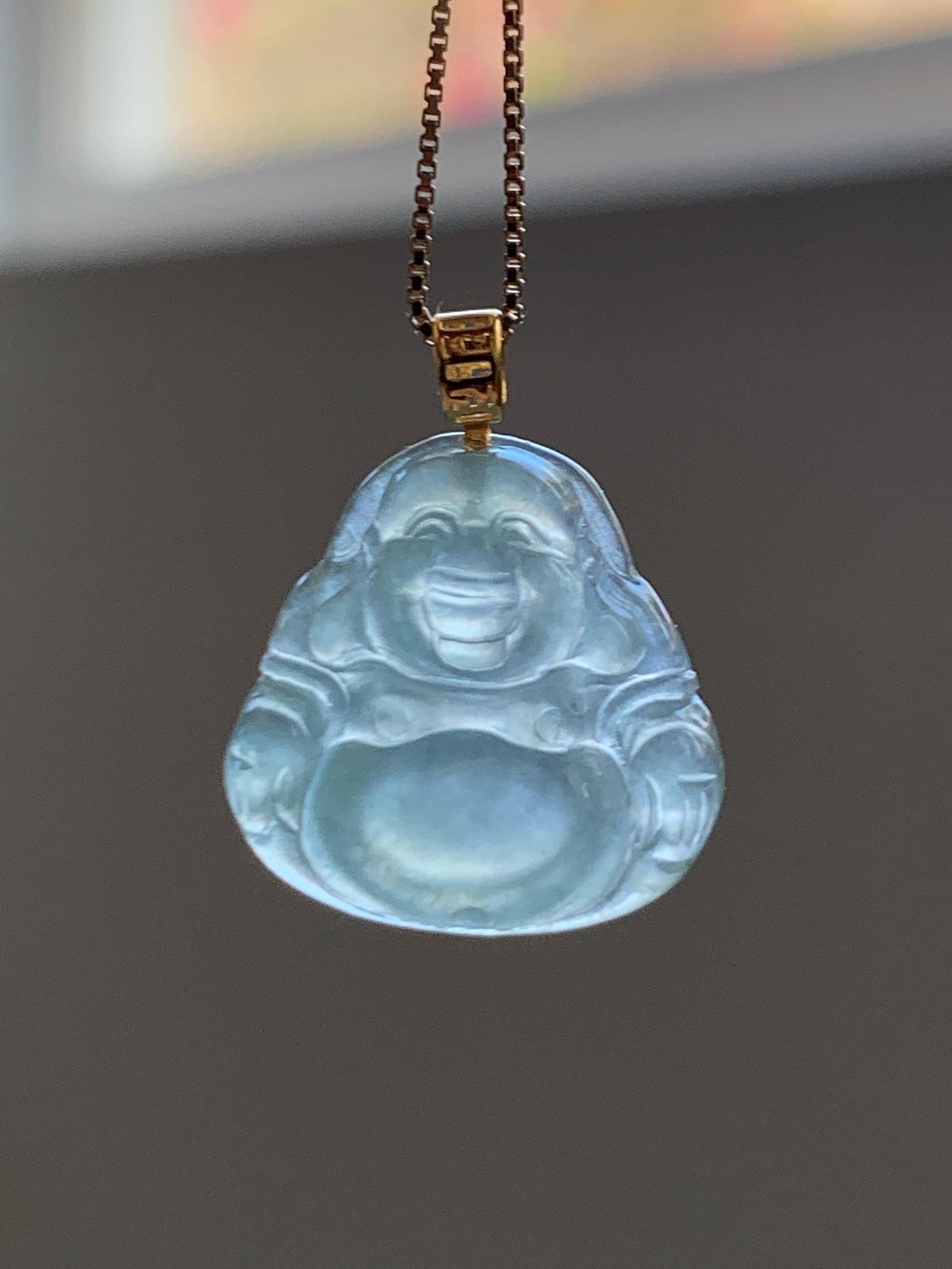Natural Grade A Icy Highly Translucent Light Green Jade Jadeite Carved Buddha Petite Pendant 18K Yellow Gold 天然冰胶晴色翡翠小佛公镶嵌吊坠 MQF180A