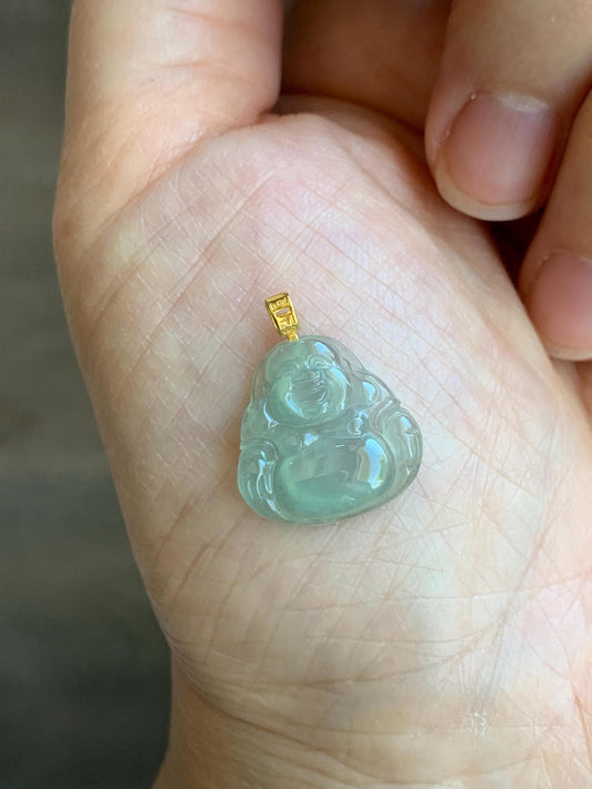 Natural Grade A Icy Highly Translucent Light Green Jade Jadeite Carved Buddha Petite Pendant 18K Yellow Gold 天然冰胶晴色翡翠小佛公镶嵌吊坠 MQF180A