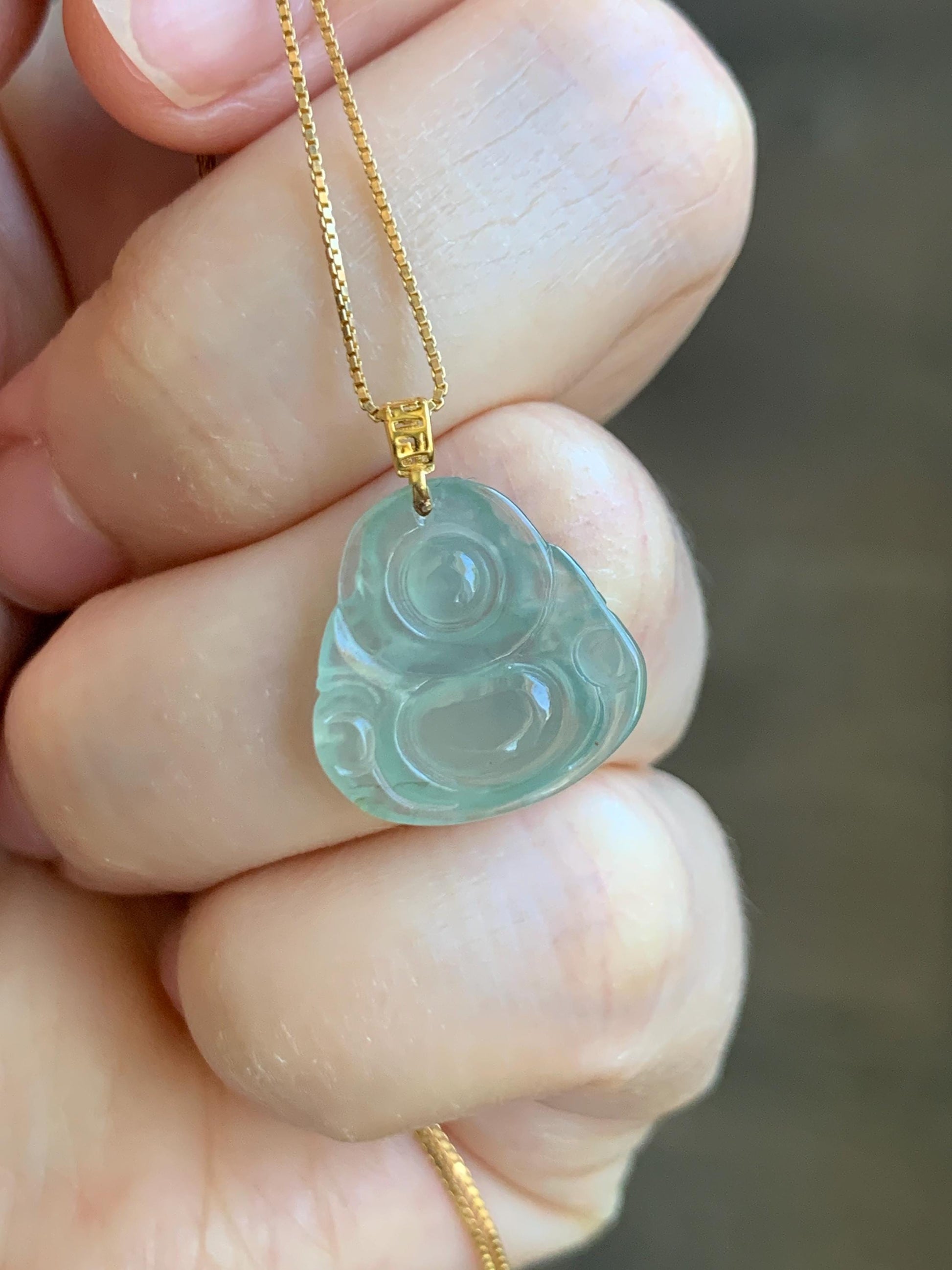 Natural Grade A Icy Highly Translucent Light Green Jade Jadeite Carved Buddha Petite Pendant 18K Yellow Gold 天然冰胶晴色翡翠小佛公镶嵌吊坠 MQF180A