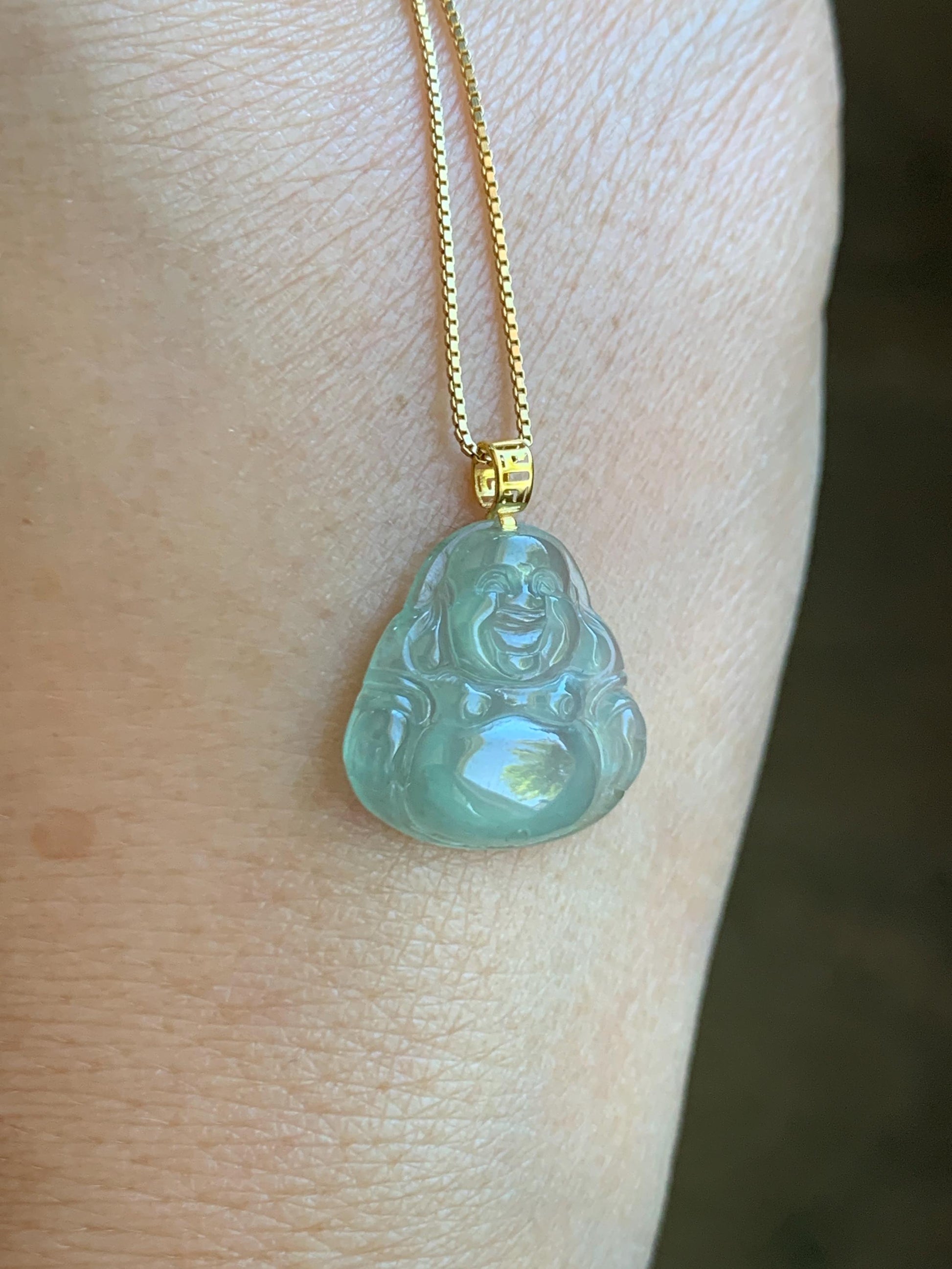Natural Grade A Icy Highly Translucent Light Green Jade Jadeite Carved Buddha Petite Pendant 18K Yellow Gold 天然冰胶晴色翡翠小佛公镶嵌吊坠 MQF180A