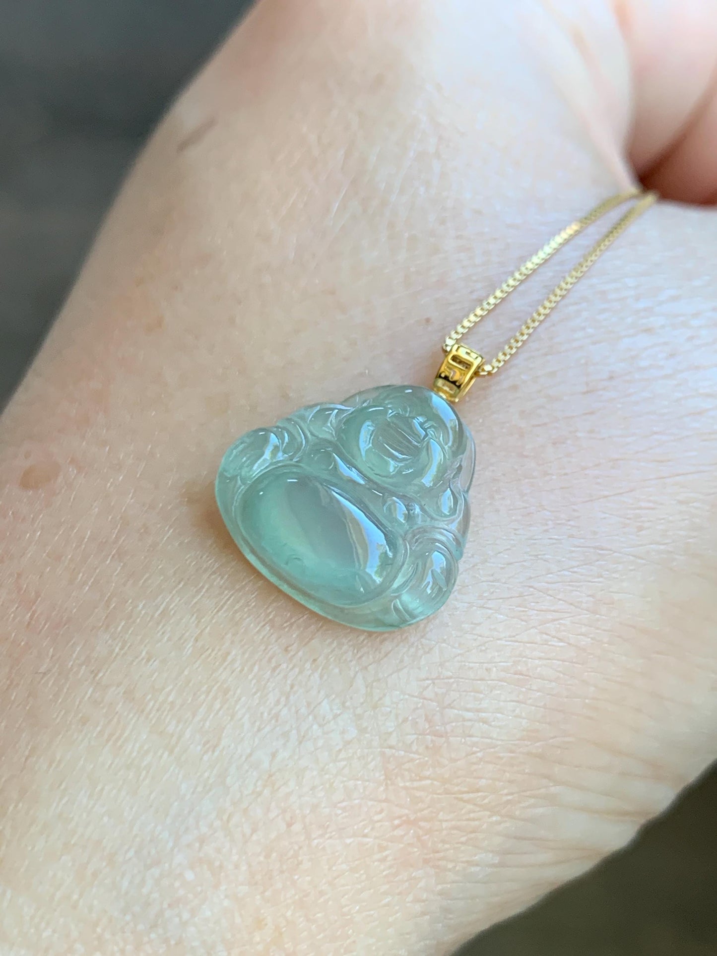 Natural Grade A Icy Highly Translucent Light Green Jade Jadeite Carved Buddha Petite Pendant 18K Yellow Gold 天然冰胶晴色翡翠小佛公镶嵌吊坠 MQF180A