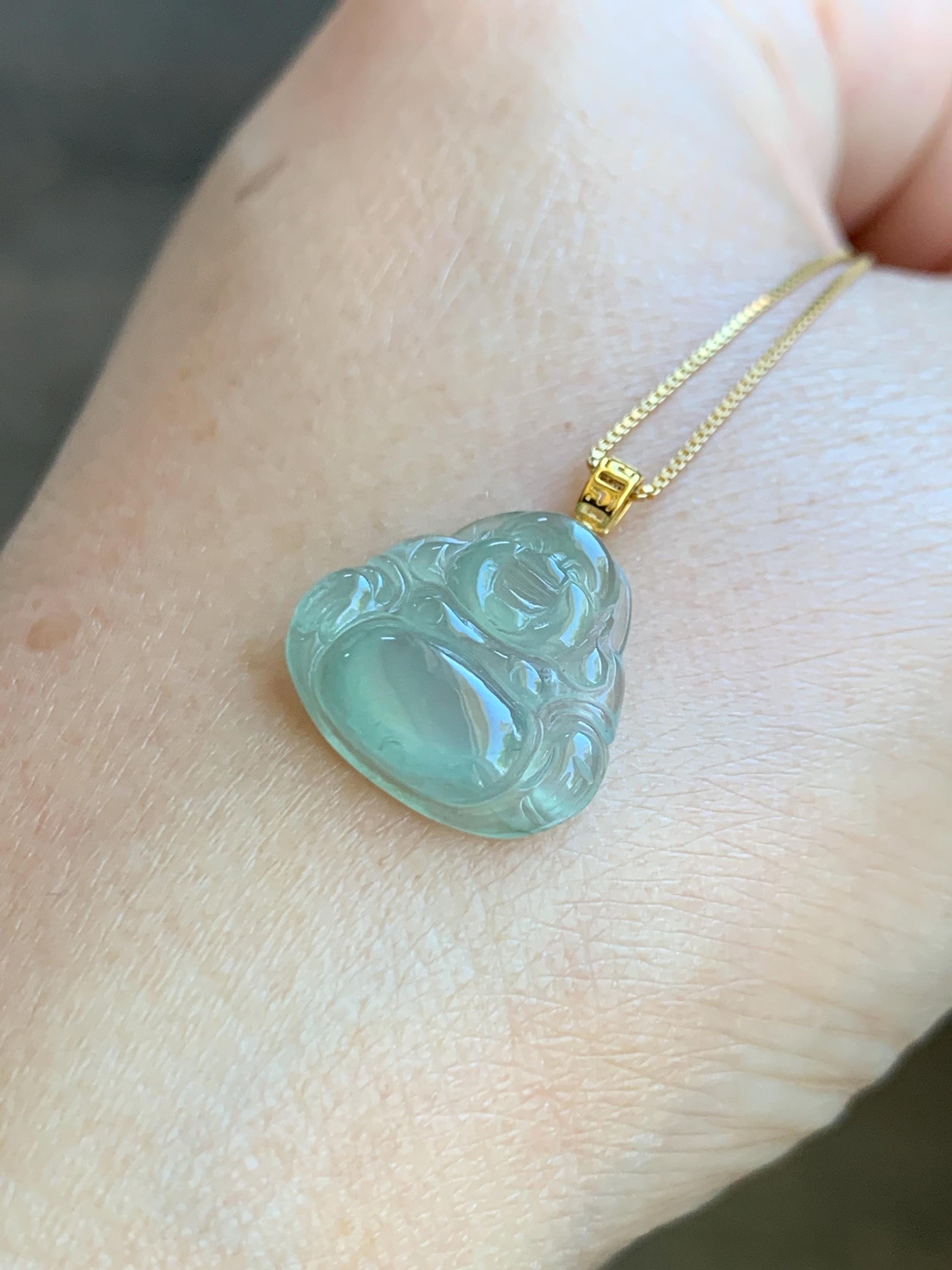 Natural Grade A Icy Highly Translucent Light Green Jade Jadeite Carved Buddha Petite Pendant 18K Yellow Gold 天然冰胶晴色翡翠小佛公镶嵌吊坠 MQF180A