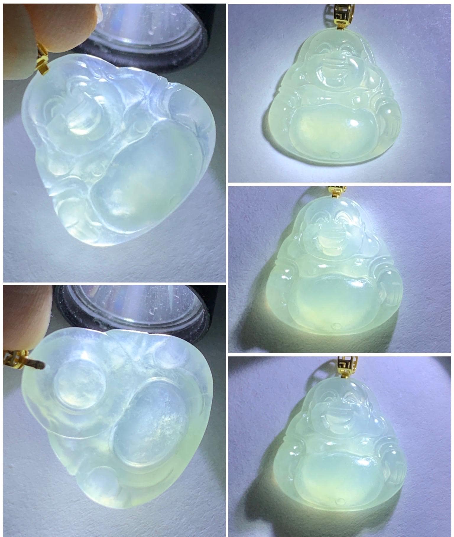 Natural Grade A Icy Highly Translucent Pastel Green Jade Jadeite Carved Buddha Petite Pendant 18K Yellow Gold 天然冰胶晴底翡翠小佛公镶嵌吊坠 MQF180B