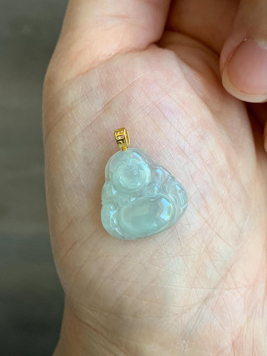 Natural Grade A Icy Highly Translucent Pastel Green Jade Jadeite Carved Buddha Petite Pendant 18K Yellow Gold 天然冰胶晴底翡翠小佛公镶嵌吊坠 MQF180B