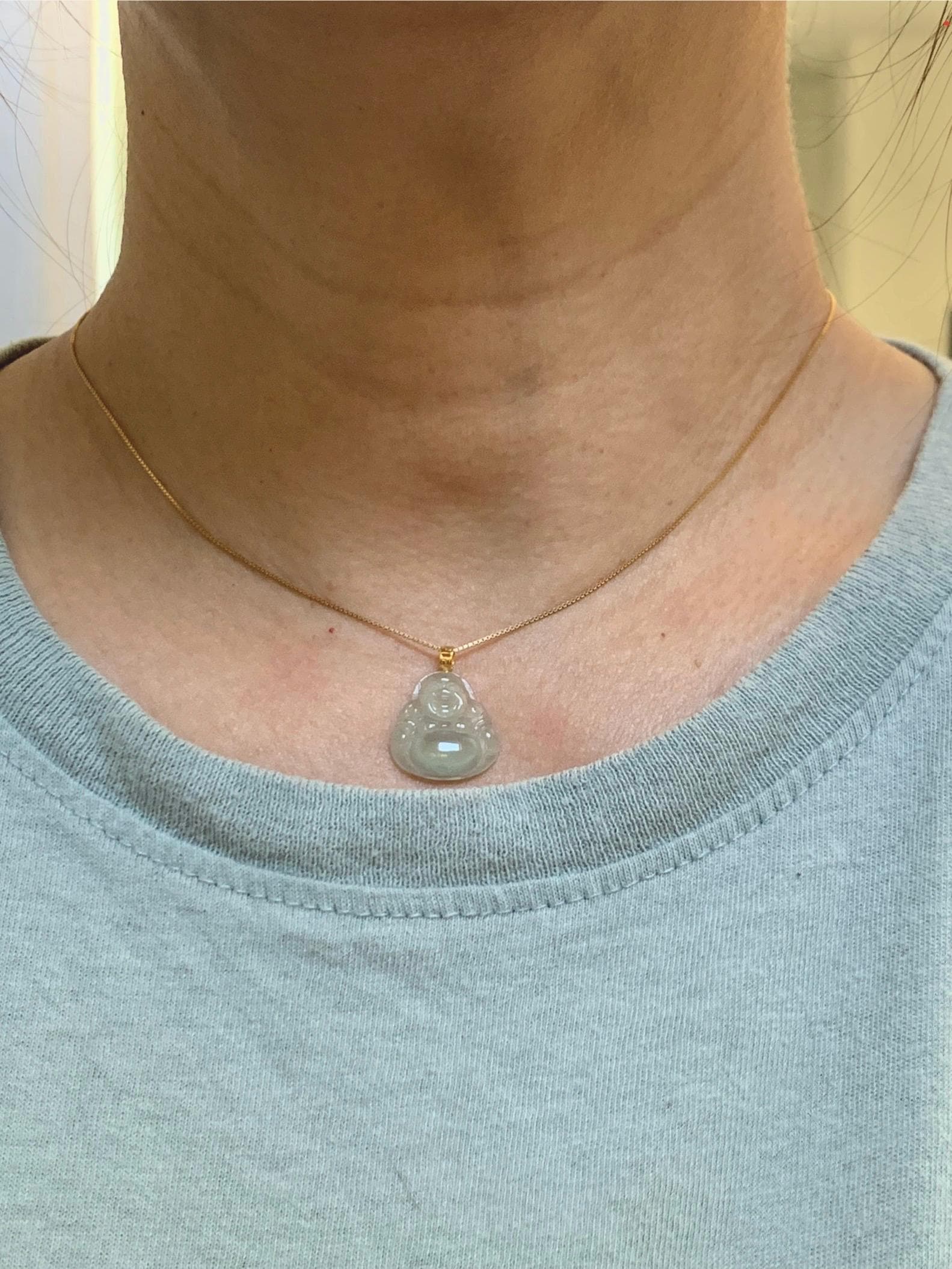 Natural Grade A Icy Highly Translucent Pastel Green Jade Jadeite Carved Buddha Petite Pendant 18K Yellow Gold 天然冰胶晴底翡翠小佛公镶嵌吊坠 MQF180B