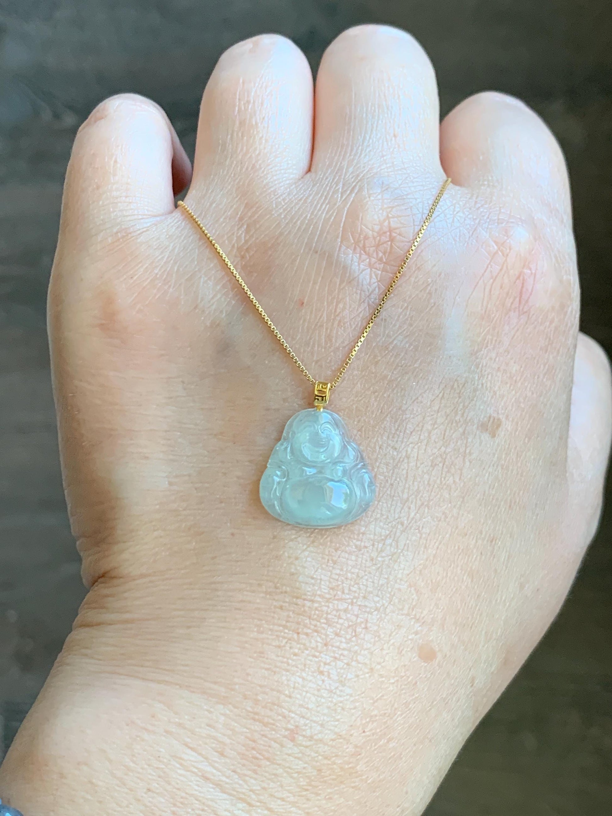 Natural Grade A Icy Highly Translucent Pastel Green Jade Jadeite Carved Buddha Petite Pendant 18K Yellow Gold 天然冰胶晴底翡翠小佛公镶嵌吊坠 MQF180B