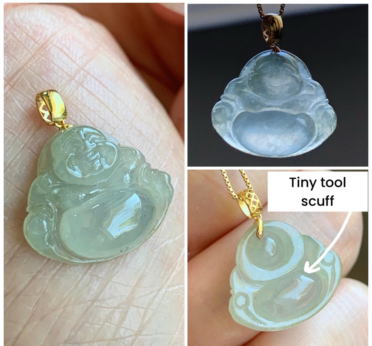 Natural Grade A Icy Highly Translucent Beige Jade Jadeite Carved Buddha Petite Pendant 18K Yellow Gold 天然冰糖黄翡翠小佛公镶嵌吊坠 MTH150A