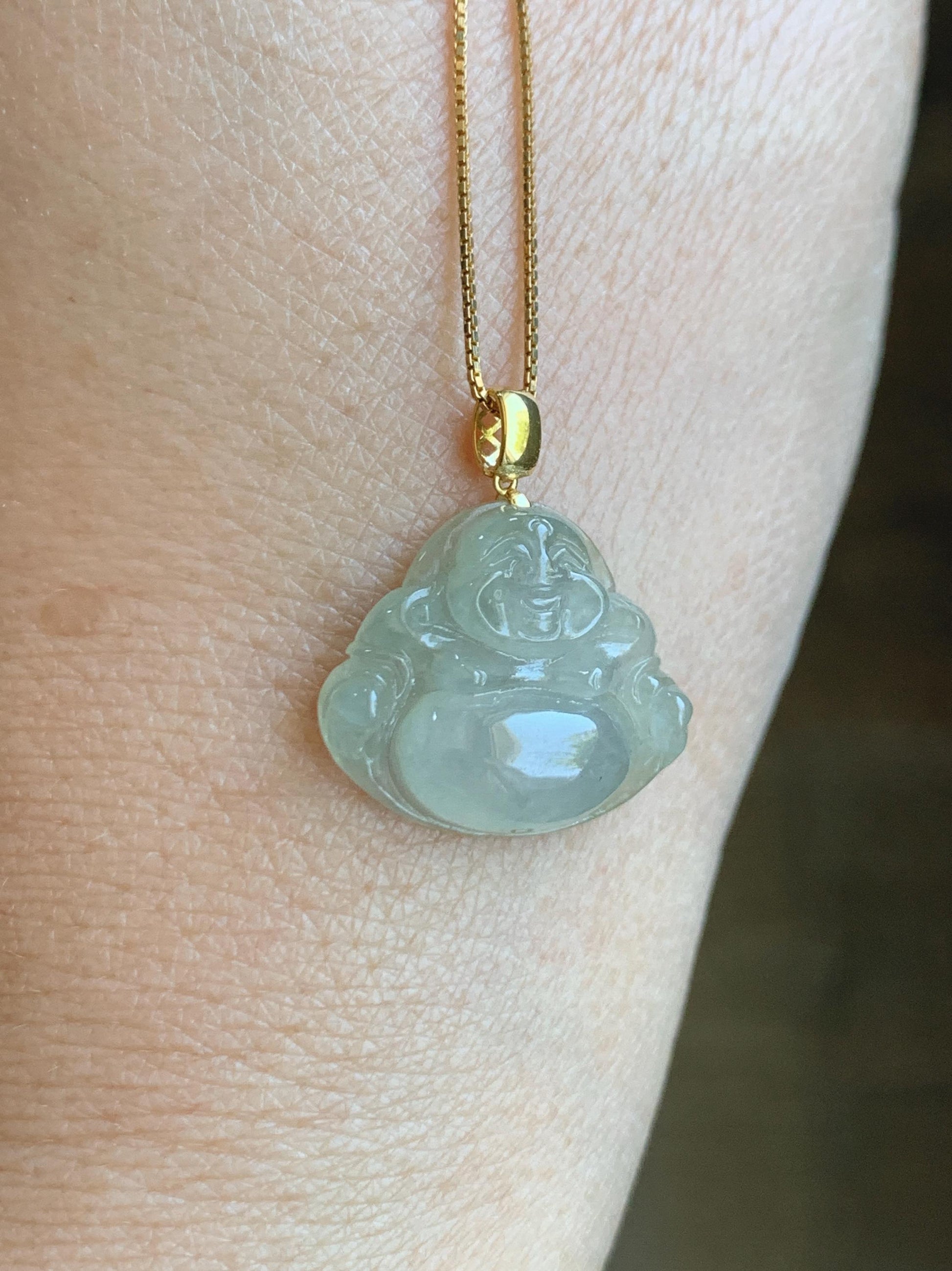 Natural Grade A Icy Highly Translucent Beige Jade Jadeite Carved Buddha Petite Pendant 18K Yellow Gold 天然冰糖黄翡翠小佛公镶嵌吊坠 MTH150A