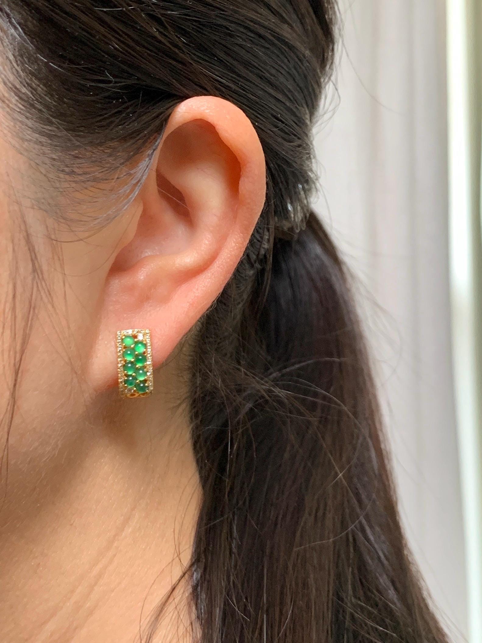 Natural Grade A Guatemalan Icy Highly Translucent Vibrant Green Jade Jadeite Hoop Huggie Earrings Sterling Silver 天然冰危绿翡翠银镶耳包 DDG99
