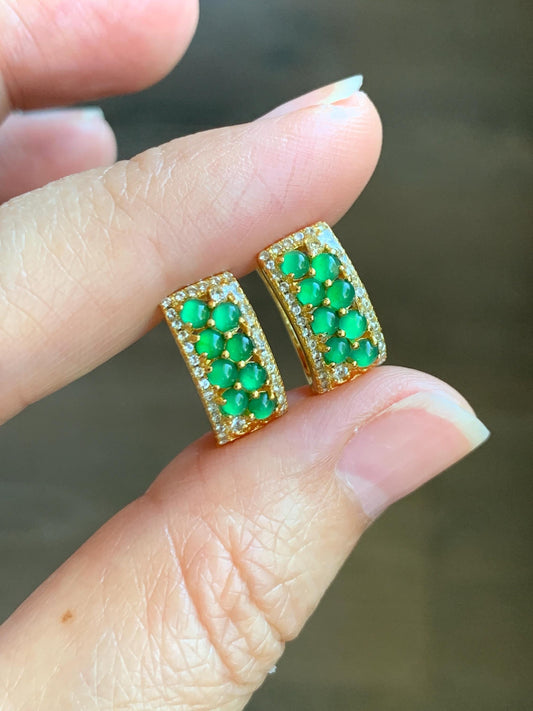 Natural Grade A Guatemalan Icy Highly Translucent Vibrant Green Jade Jadeite Hoop Huggie Earrings Sterling Silver 天然冰危绿翡翠银镶耳包 DDG99
