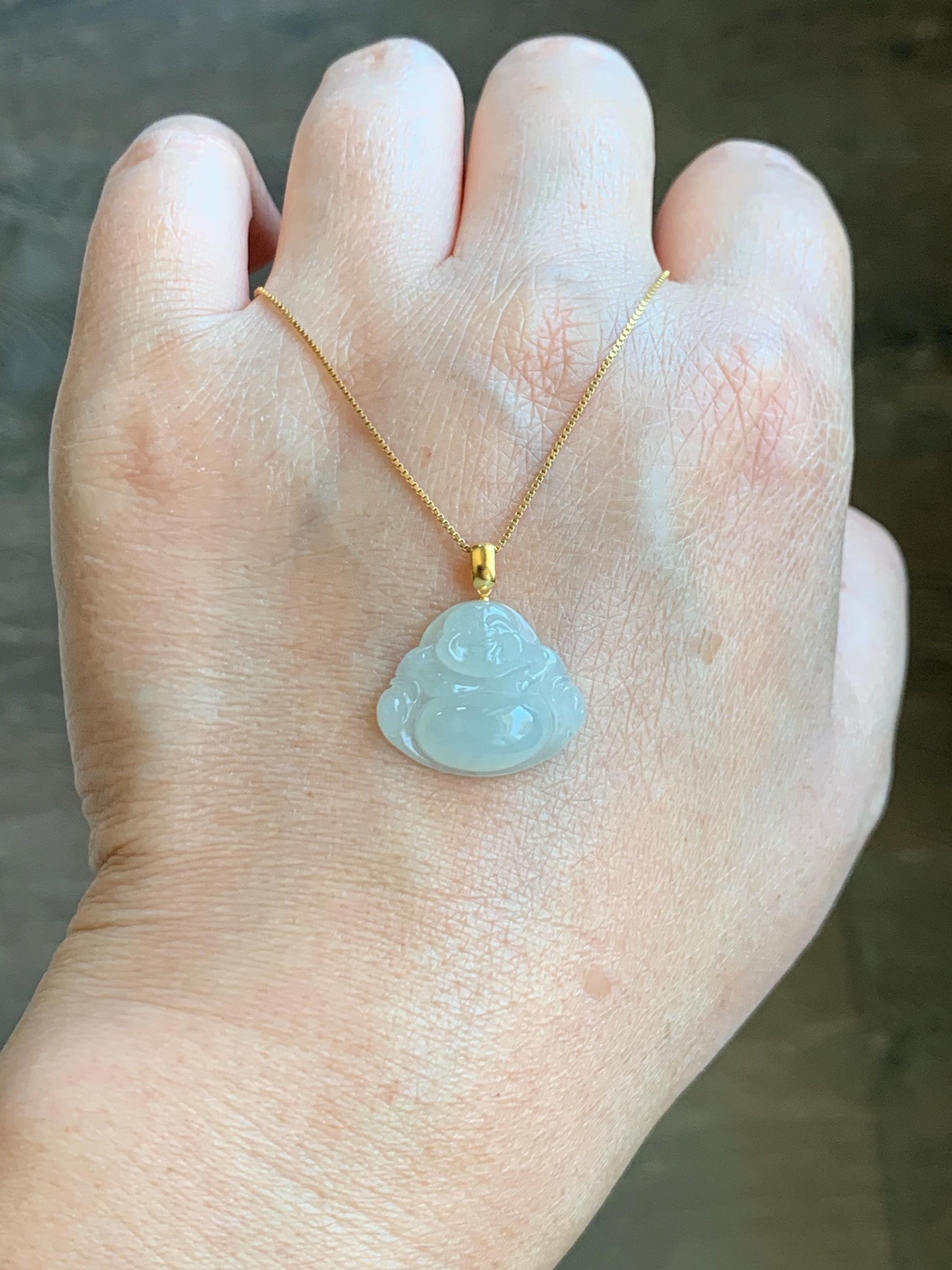 Natural Grade A Icy Translucent Beige Jade Jadeite Carved Buddha Petite Pendant 18K Yellow Gold 天然冰糖黄翡翠小佛公镶嵌吊坠 MTH150B